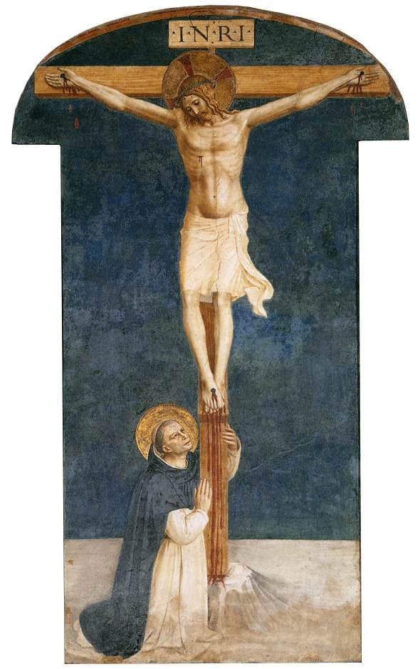 Saint Dominic kneeling before Christ crucified, fresco by Fra Angelico at San Marco