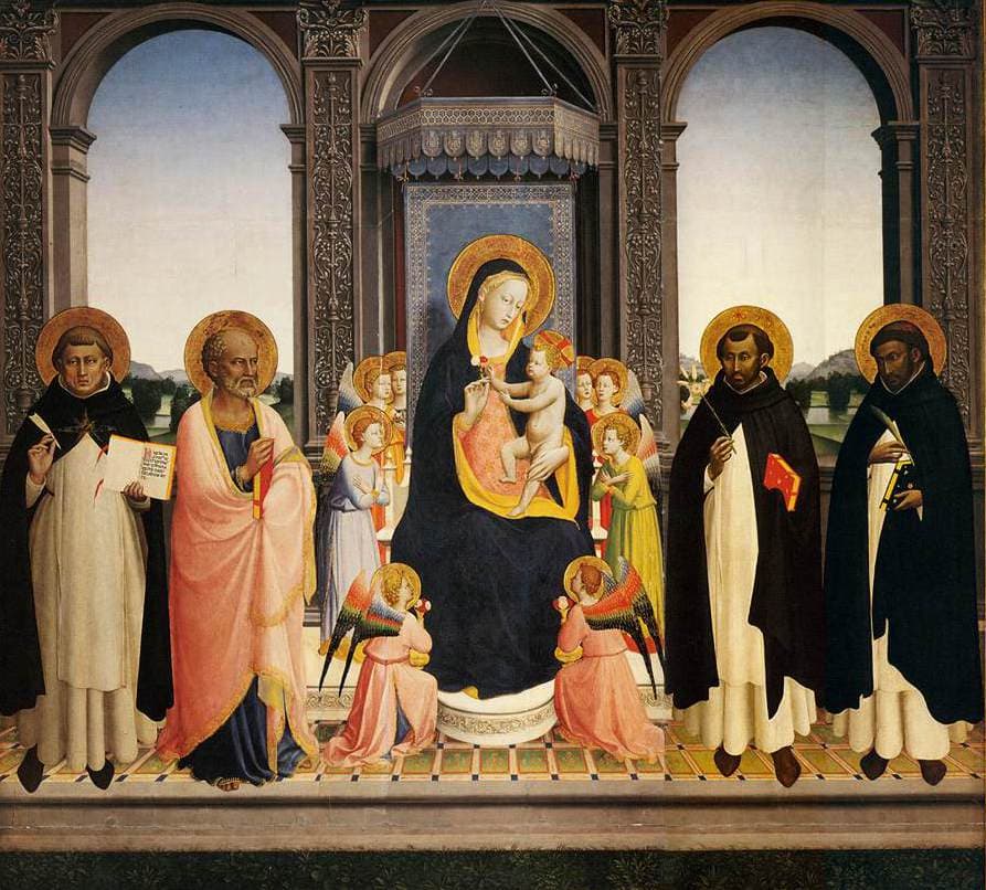 The Fiesole Altarpiece by Fra Angelico, Virgin and Child enthroned with saints