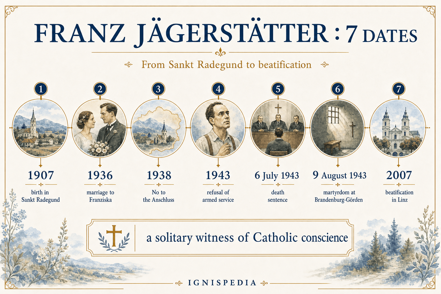 Illustrated timeline of seven major dates in the life of Franz Jägerstätter