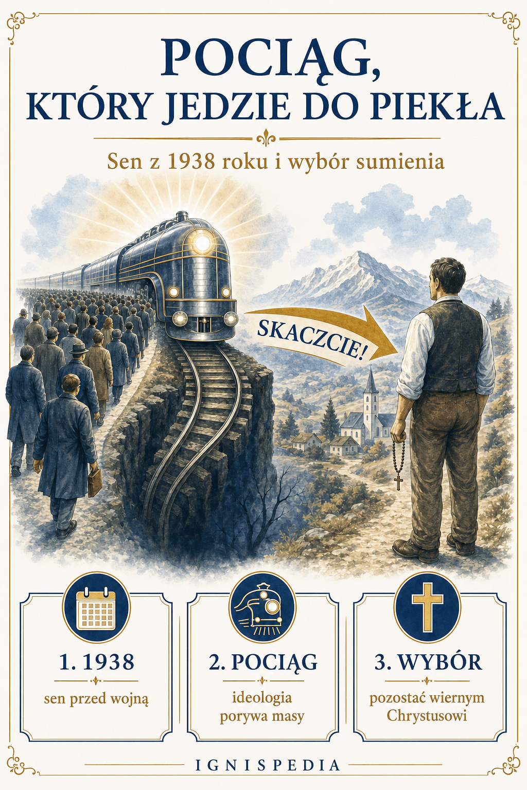 Infografika snu Franza Jägerstättera o pociągu jadącym do piekła