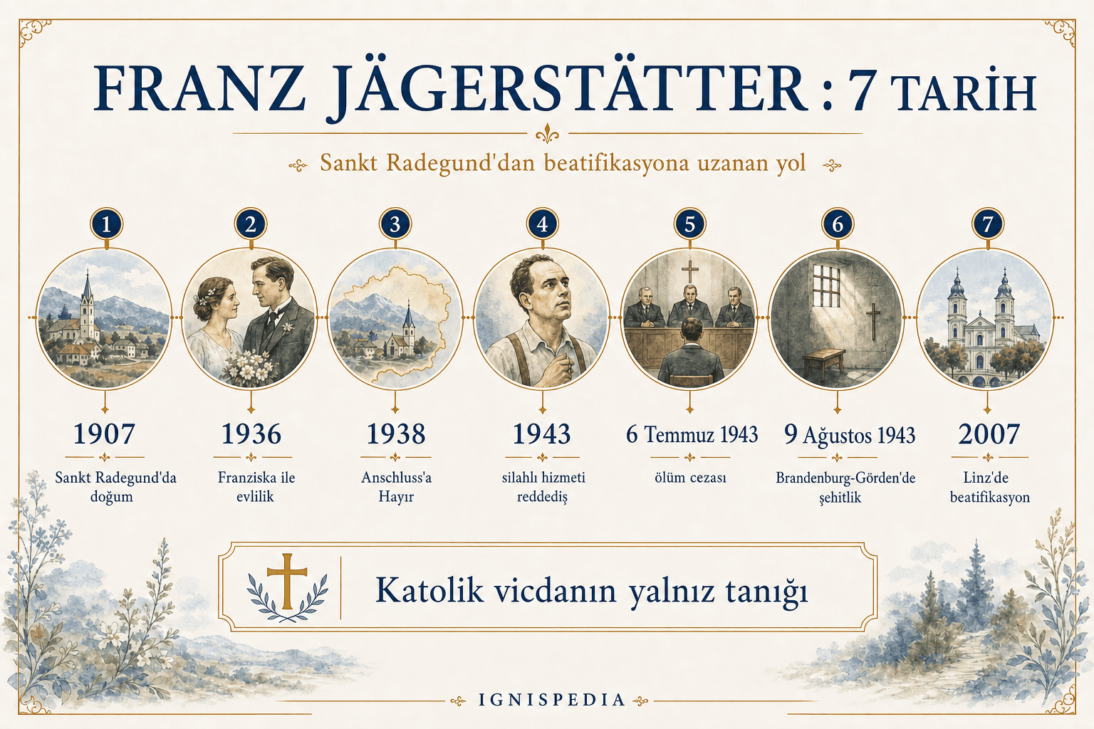 Franz Jägerstätter'in hayatındaki yedi temel tarihin resimli frizi