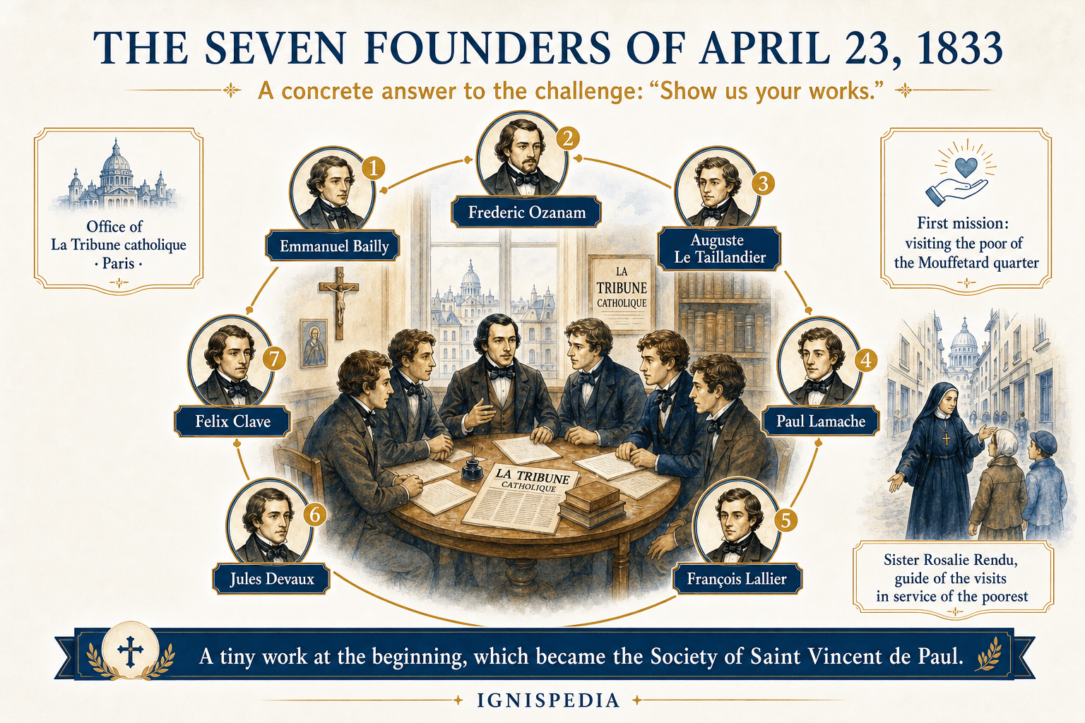 Infographic of the seven founders of the first Conference of Charity on April 23, 1833