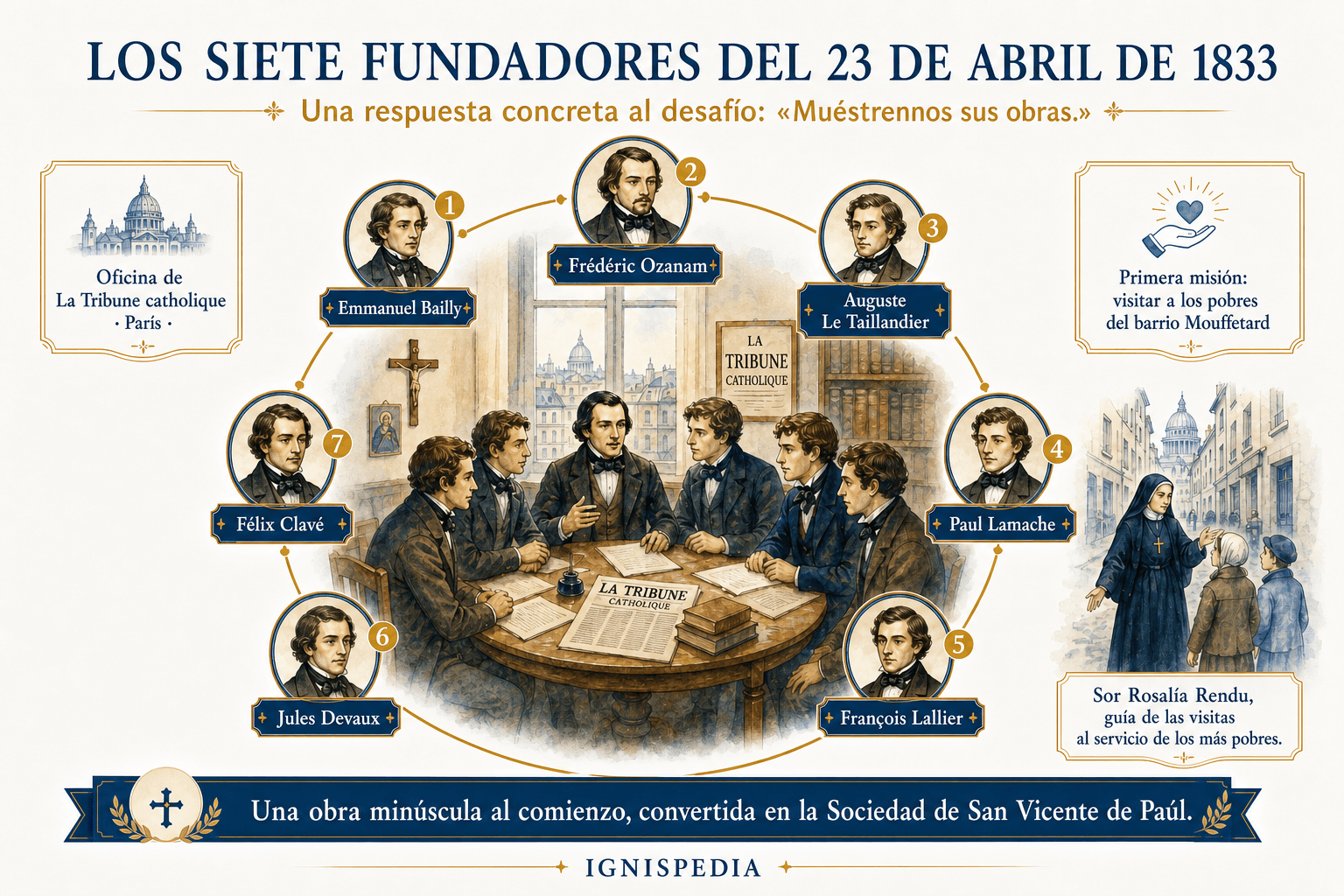 Infografía de los siete fundadores de la primera Conferencia de caridad el 23 de abril de 1833