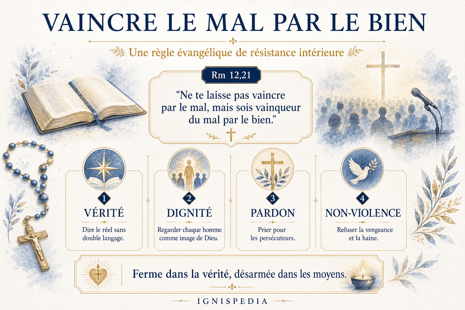 Infographie sur la devise vaincre le mal par le bien et les quatre piliers spirituels associés