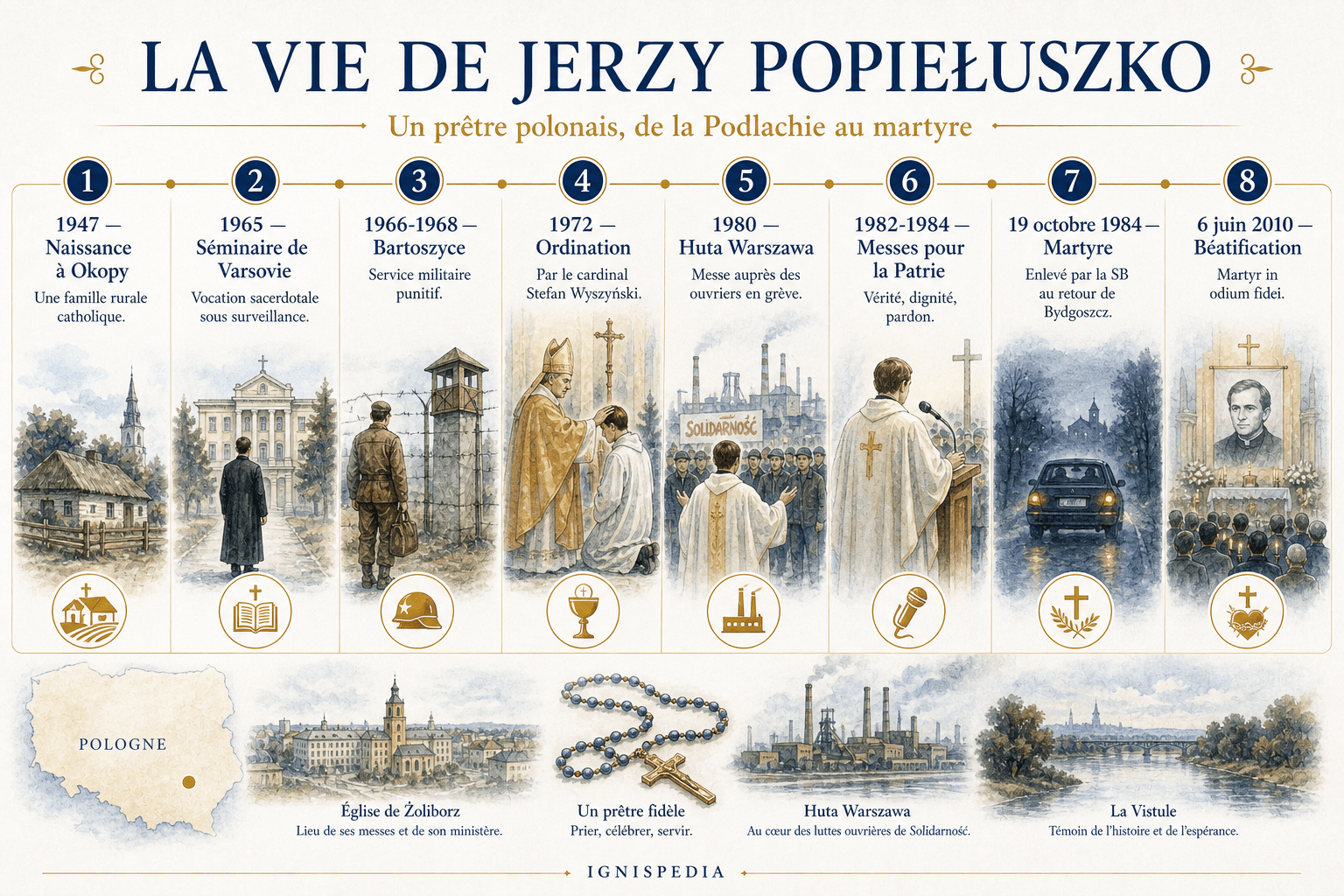 Frise de la vie du bienheureux Jerzy Popiełuszko, de 1947 à sa béatification en 2010