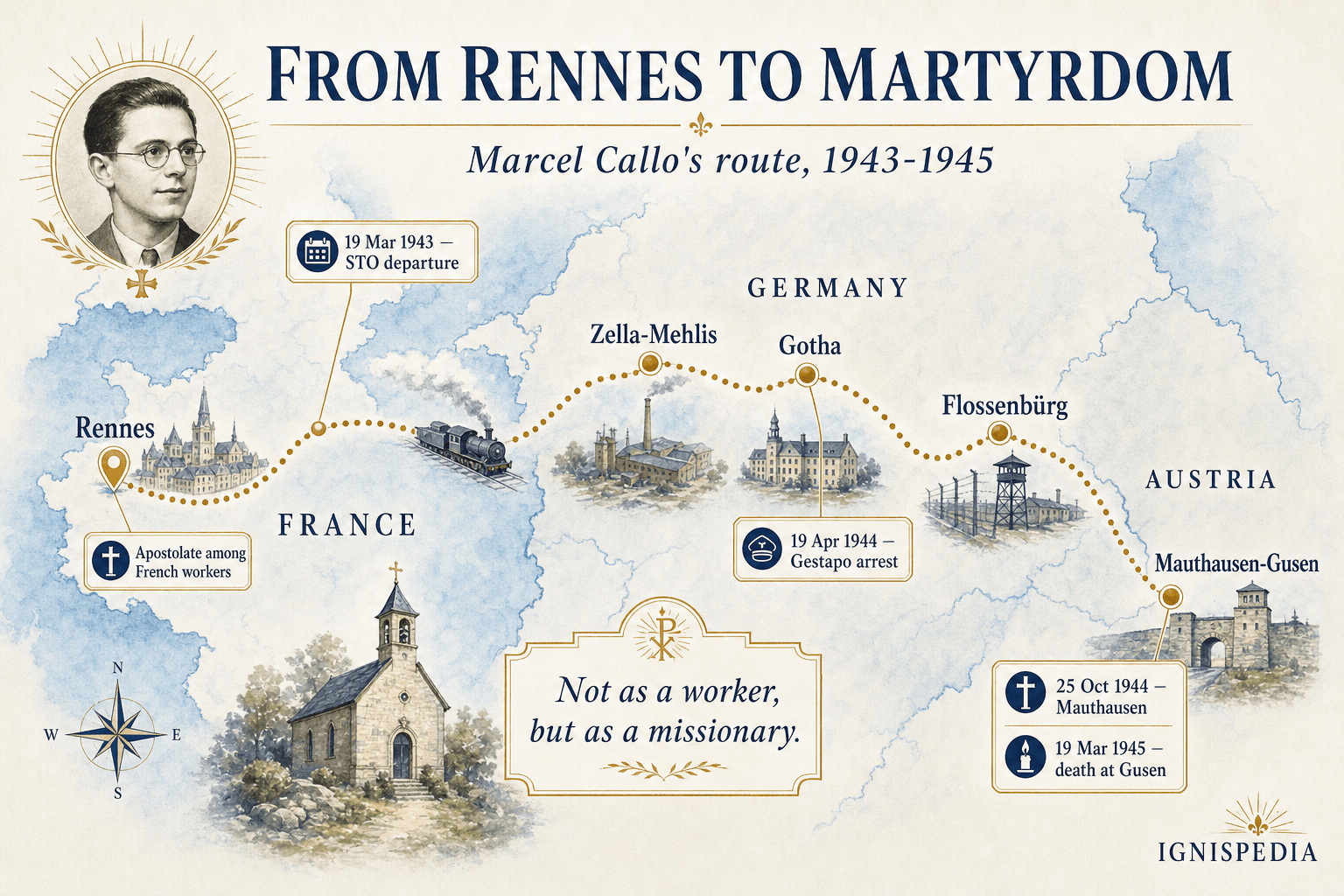 Map of Marcel Callo's route from Rennes to Zella-Mehlis, Gotha, Flossenbürg and Mauthausen-Gusen.