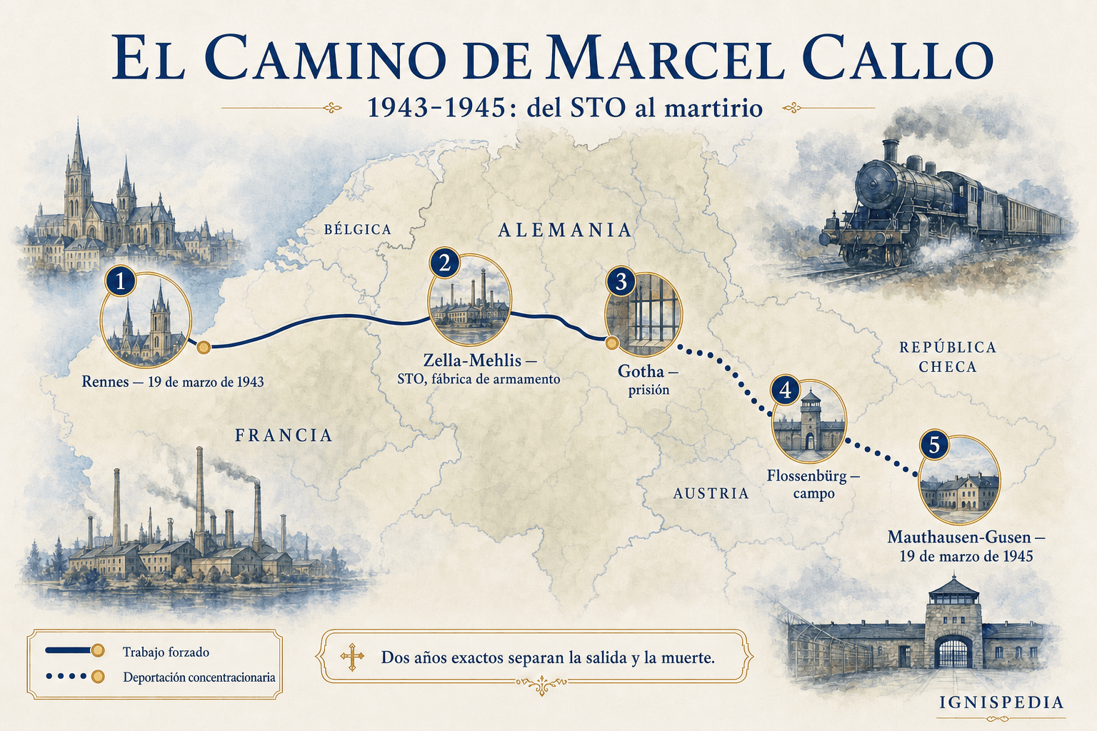 Mapa del itinerario de Marcel Callo desde Rennes hasta Zella-Mehlis, Gotha, Flossenbürg y Mauthausen-Gusen.