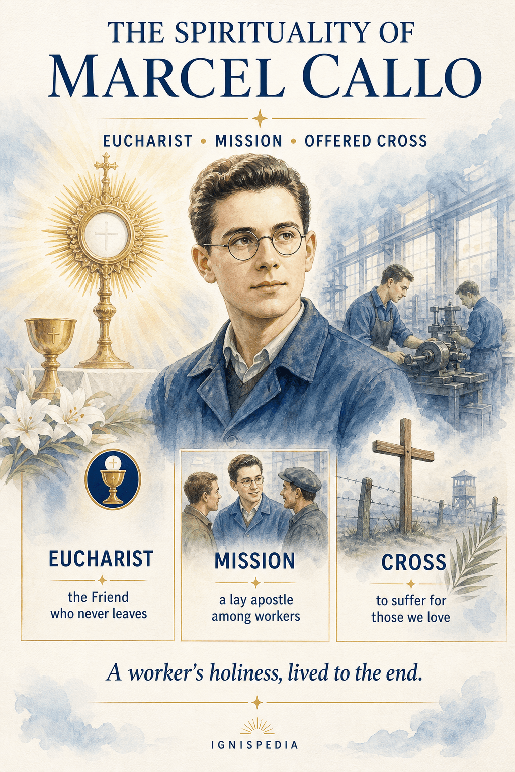Infographic presenting the three spiritual centers of Marcel Callo: Eucharist, mission and offered Cross.