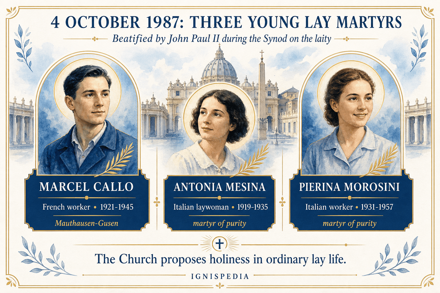 Triptych of the three young lay martyrs beatified together on 4 October 1987: Marcel Callo, Antonia Mesina and Pierina Morosini.