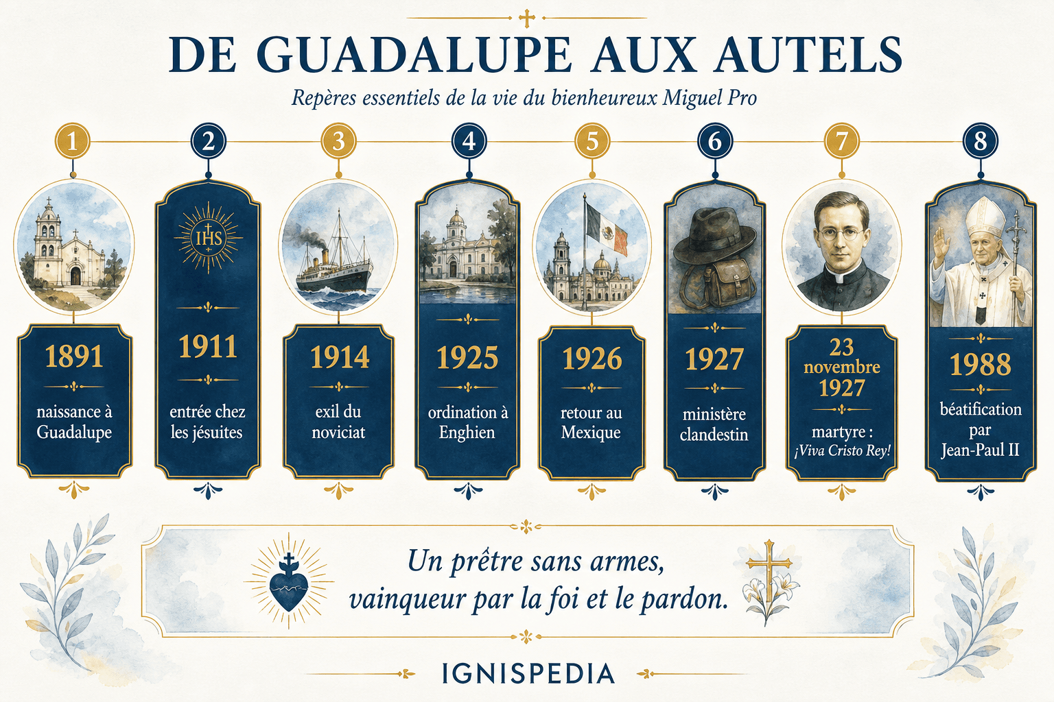 Frise chronologique de la vie du bienheureux Miguel Pro, de sa naissance à Guadalupe à sa béatification en 1988