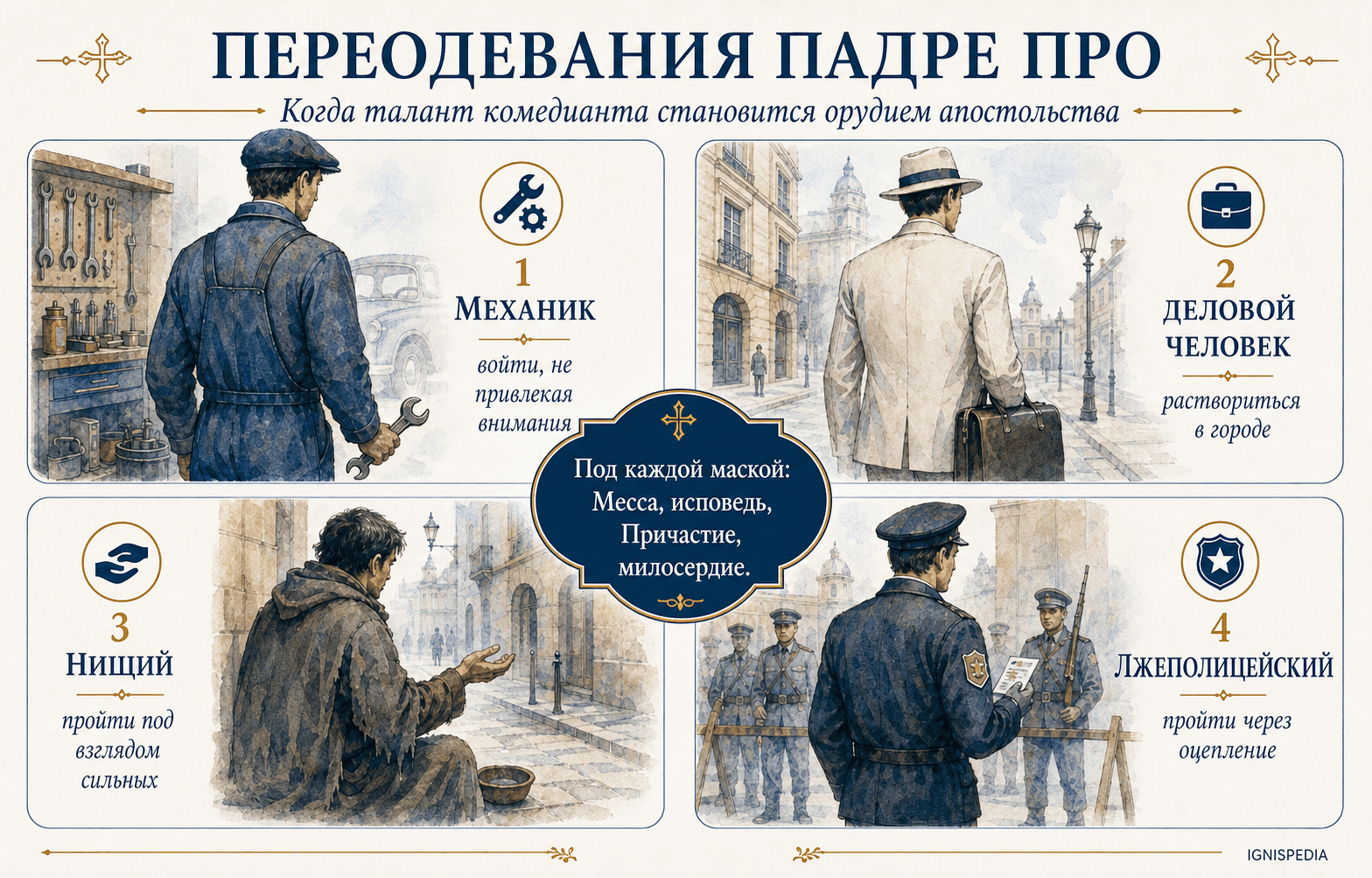 Инфографика о четырех переодеваниях Падре Про: механик, деловой человек, нищий и лжеполицейский