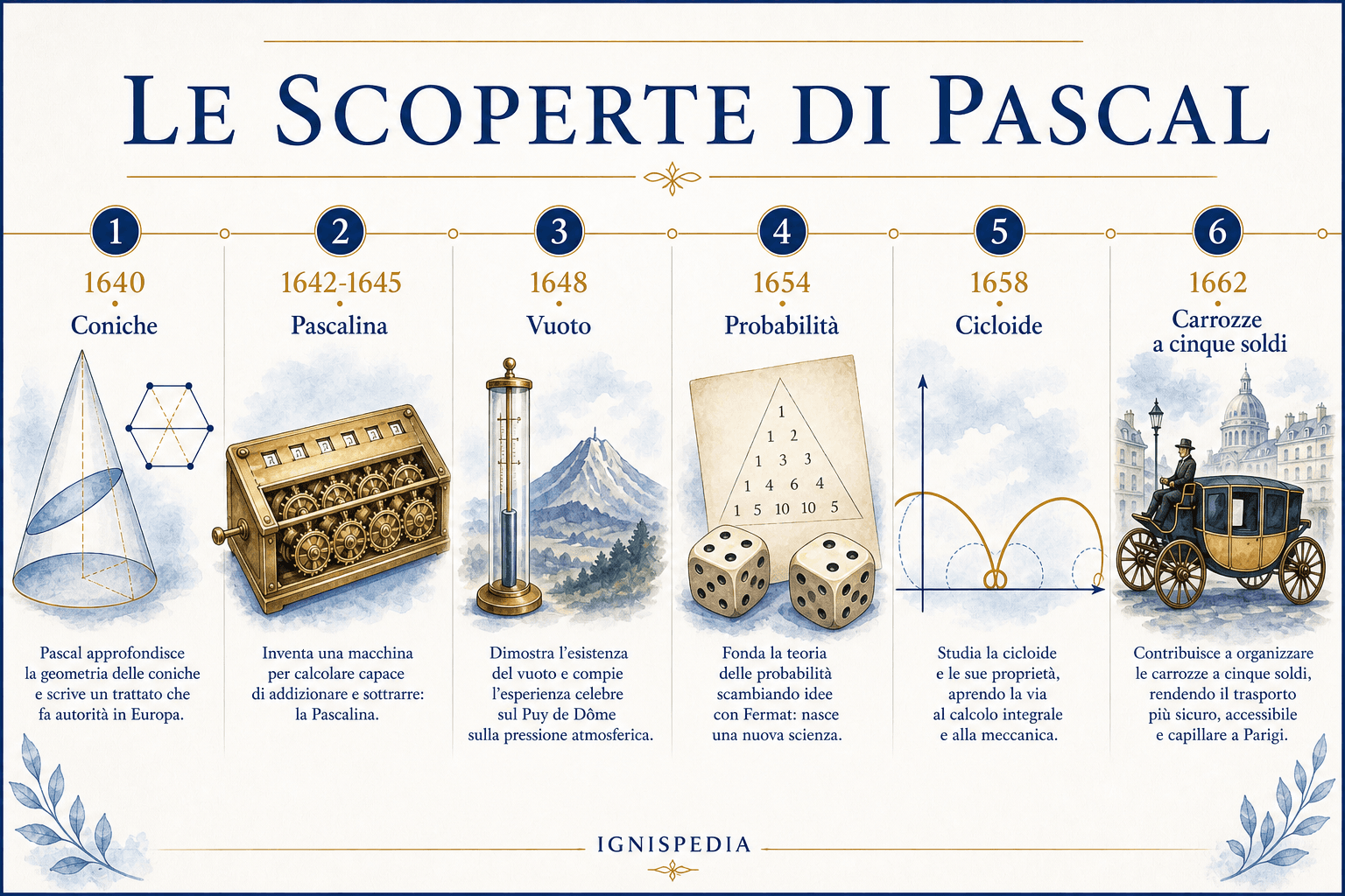 Infografica Ignispedia che riassume le scoperte scientifiche di Blaise Pascal