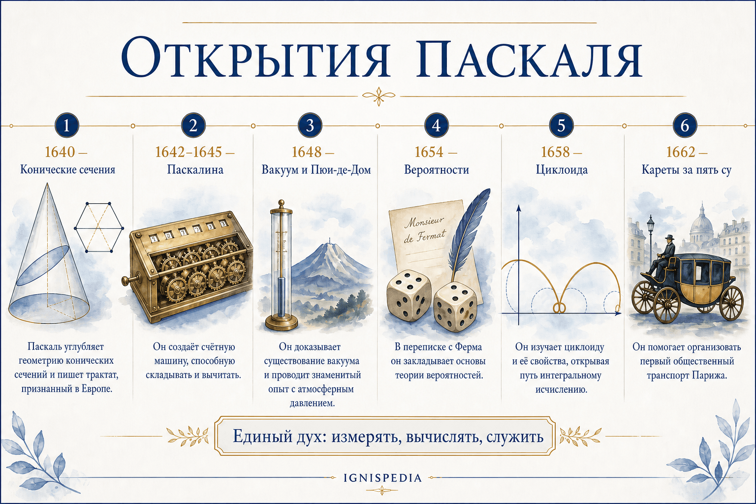 Инфографика Ignispedia, обобщающая научные открытия Блеза Паскаля