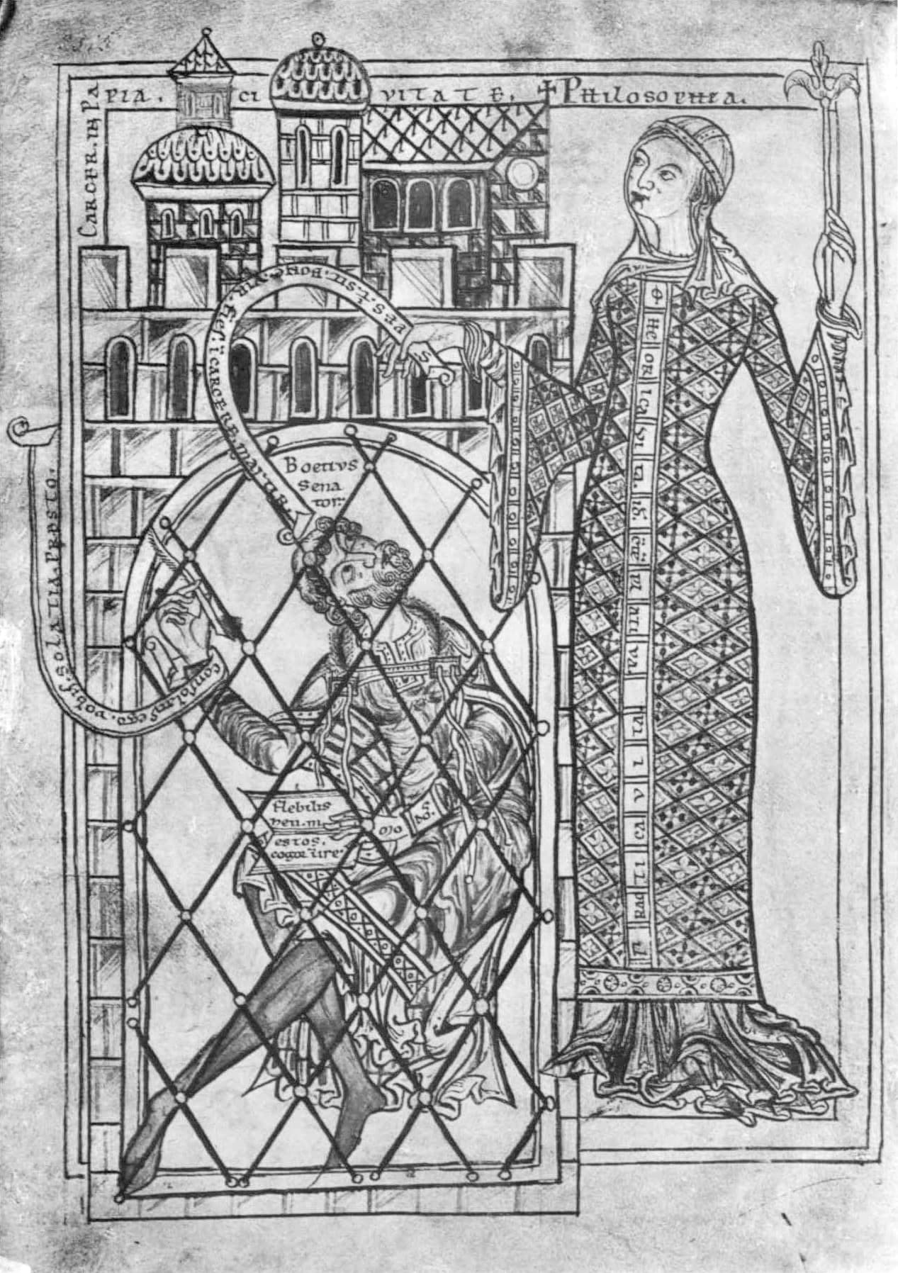 Felsefe Hanımı, Boethius'u hapishanesinde ziyaret ediyor, Felsefenin Tesellisi'nden Orta Çağ minyatürü