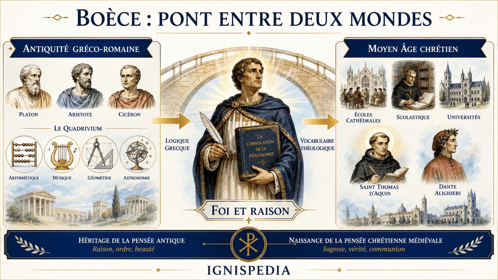 Infographie Ignispedia montrant Boèce comme pont entre l'Antiquité gréco-romaine et le Moyen Âge chrétien