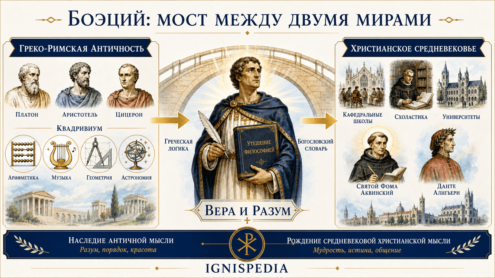 Инфографика Ignispedia, показывающая Боэция как мост между греко-римской Античностью и христианским Средневековьем