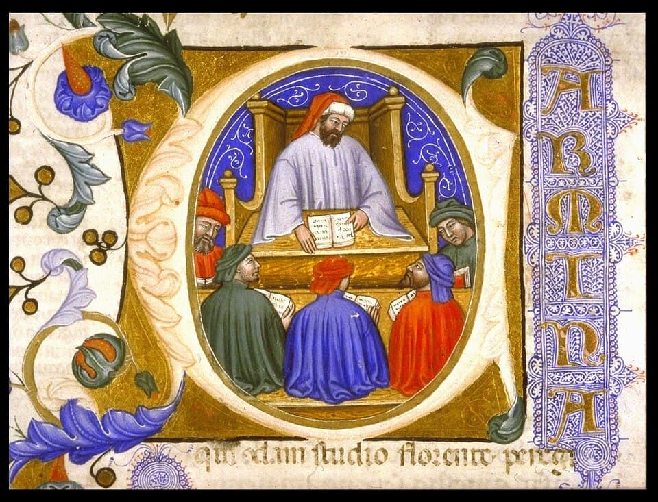 Öğrencilerine ders veren Boethius, 1385 İtalya Teselli yazması