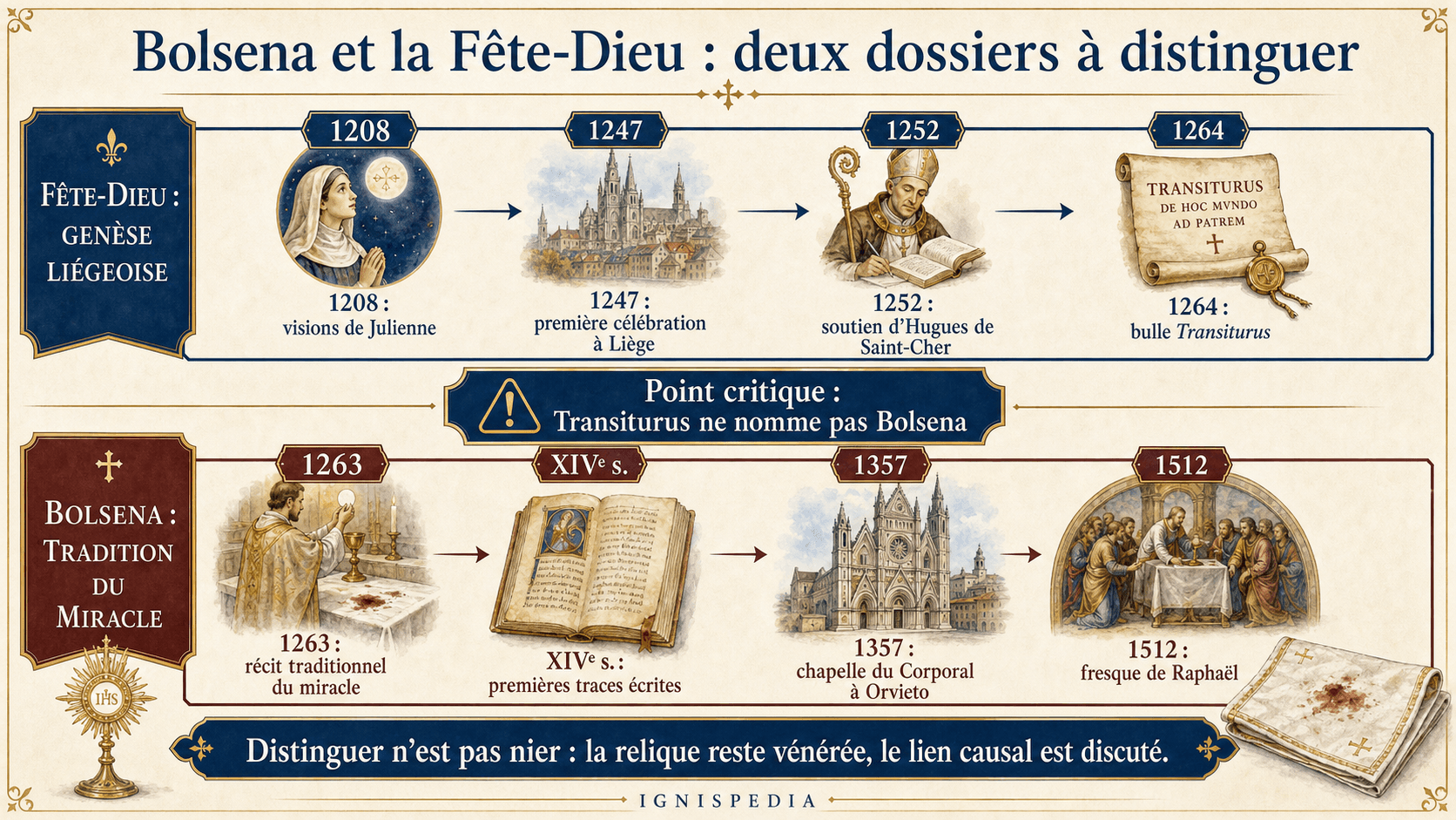 Chronologie comparant la tradition du miracle de Bolsena et l'histoire de la Fête-Dieu