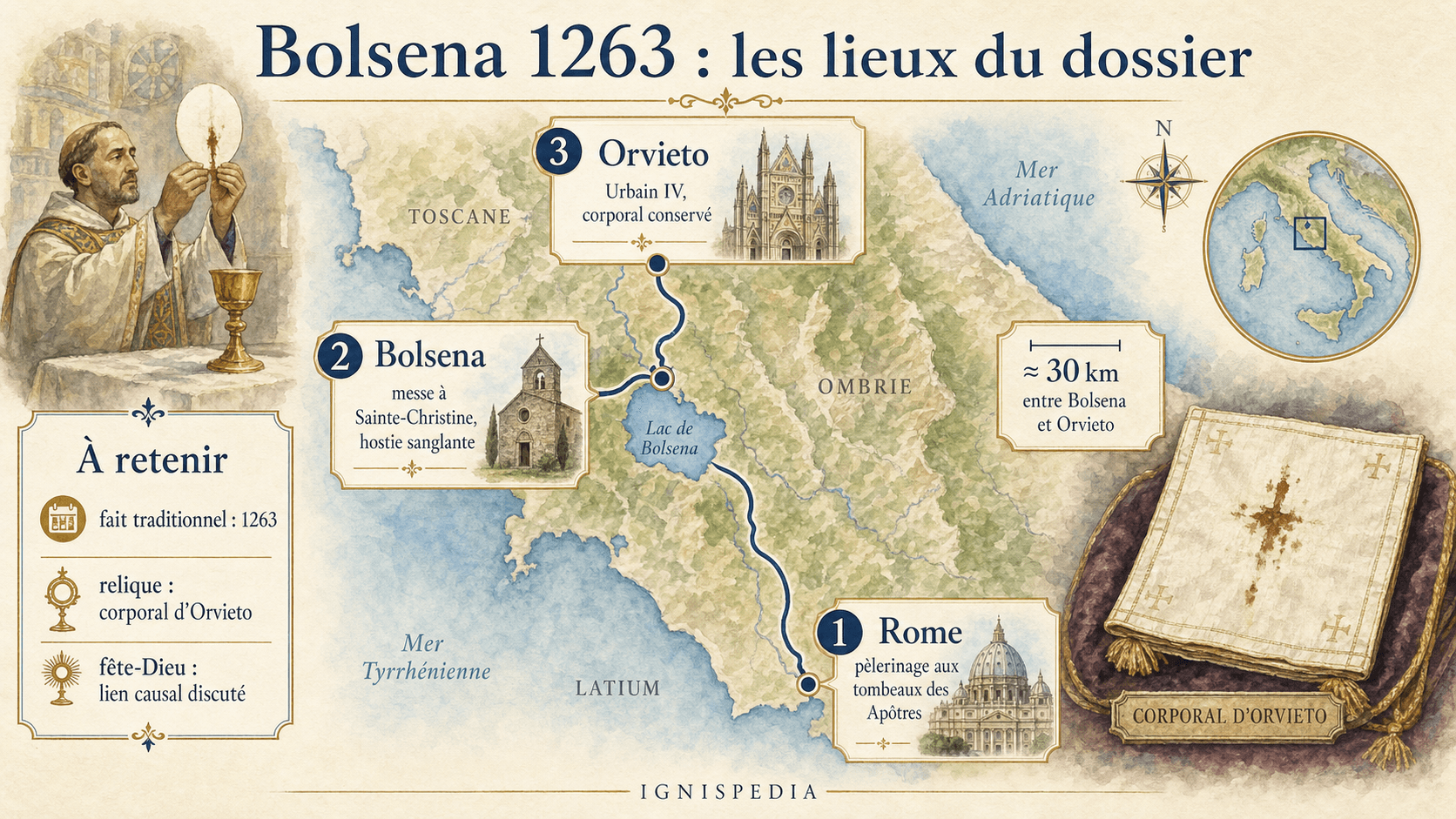 Carte infographique du trajet associé au miracle eucharistique de Bolsena : halte à Bolsena puis transfert à Orvieto, avec la variante d'un pèlerinage vers Rome