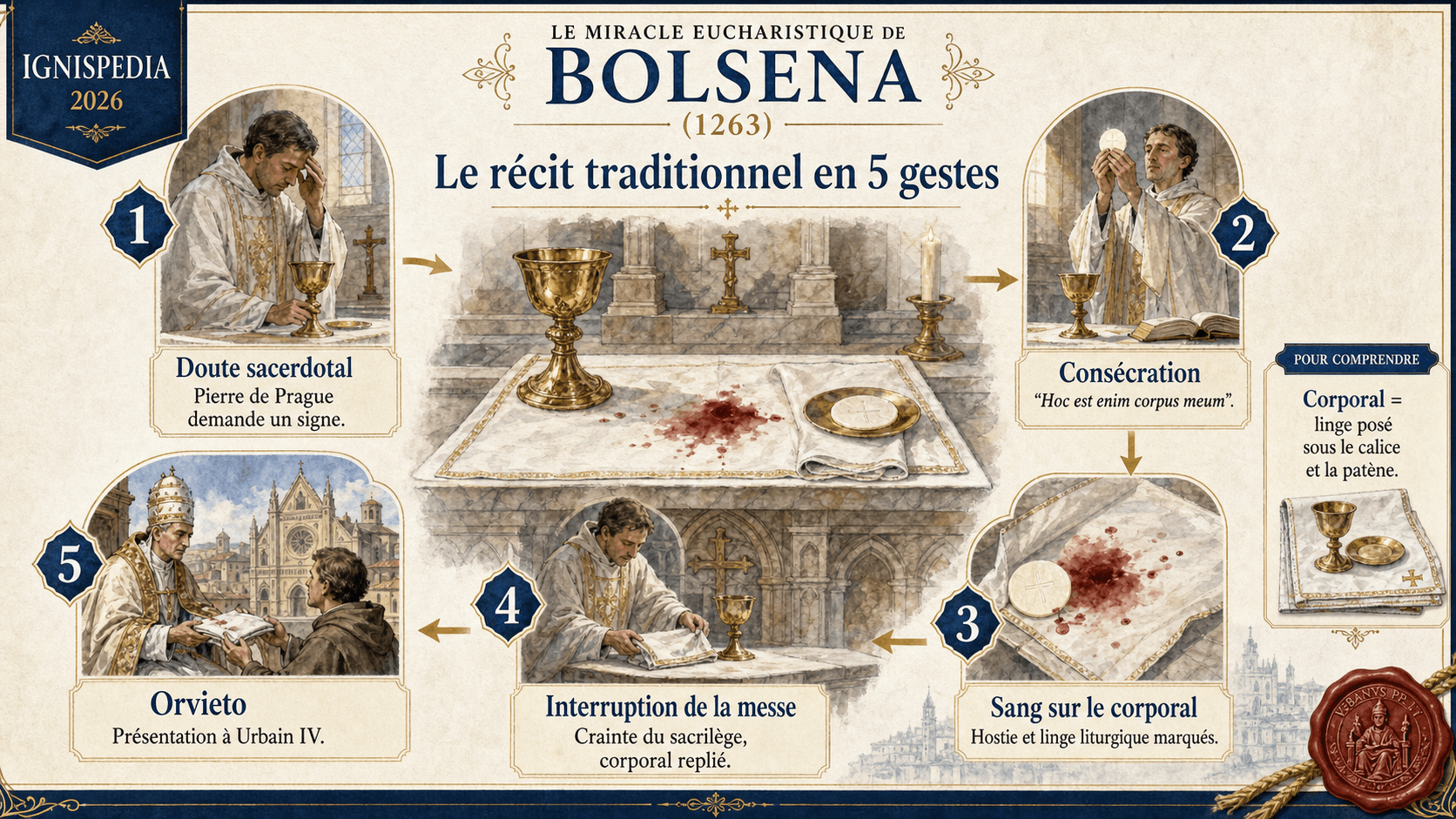 Infographie en cinq étapes du miracle eucharistique de Bolsena : doute, consécration, sang sur le corporal, interruption de la messe, transfert à Orvieto