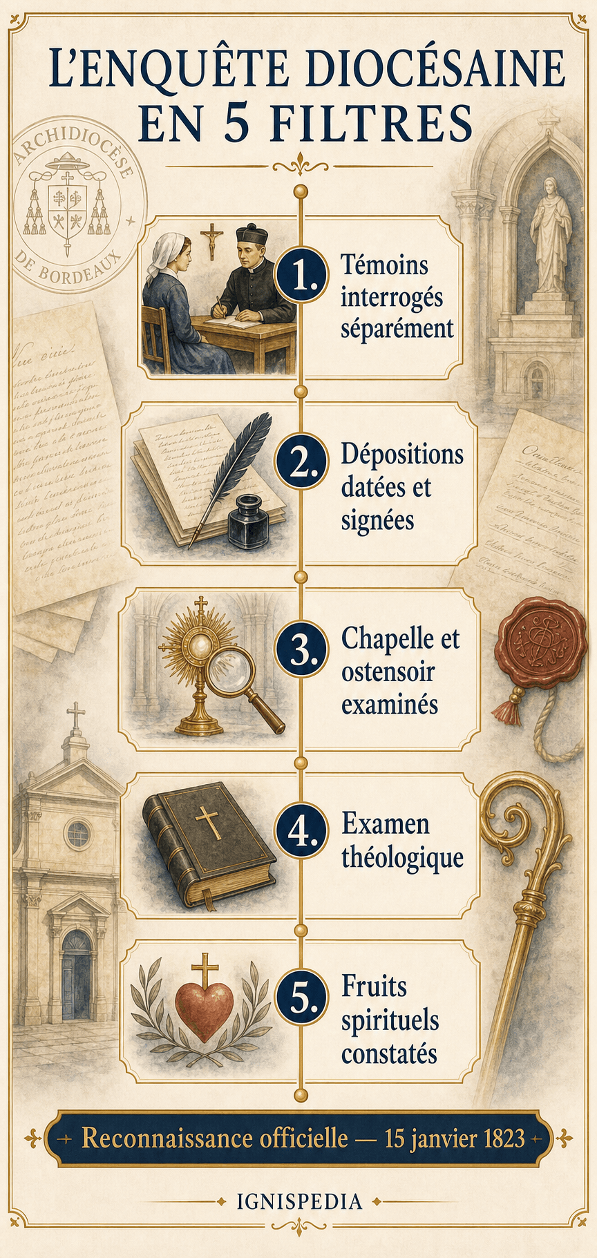Processus de l'enquête diocésaine : interrogatoire séparé, dépositions signées, examen de la chapelle, examen théologique et fruits spirituels
