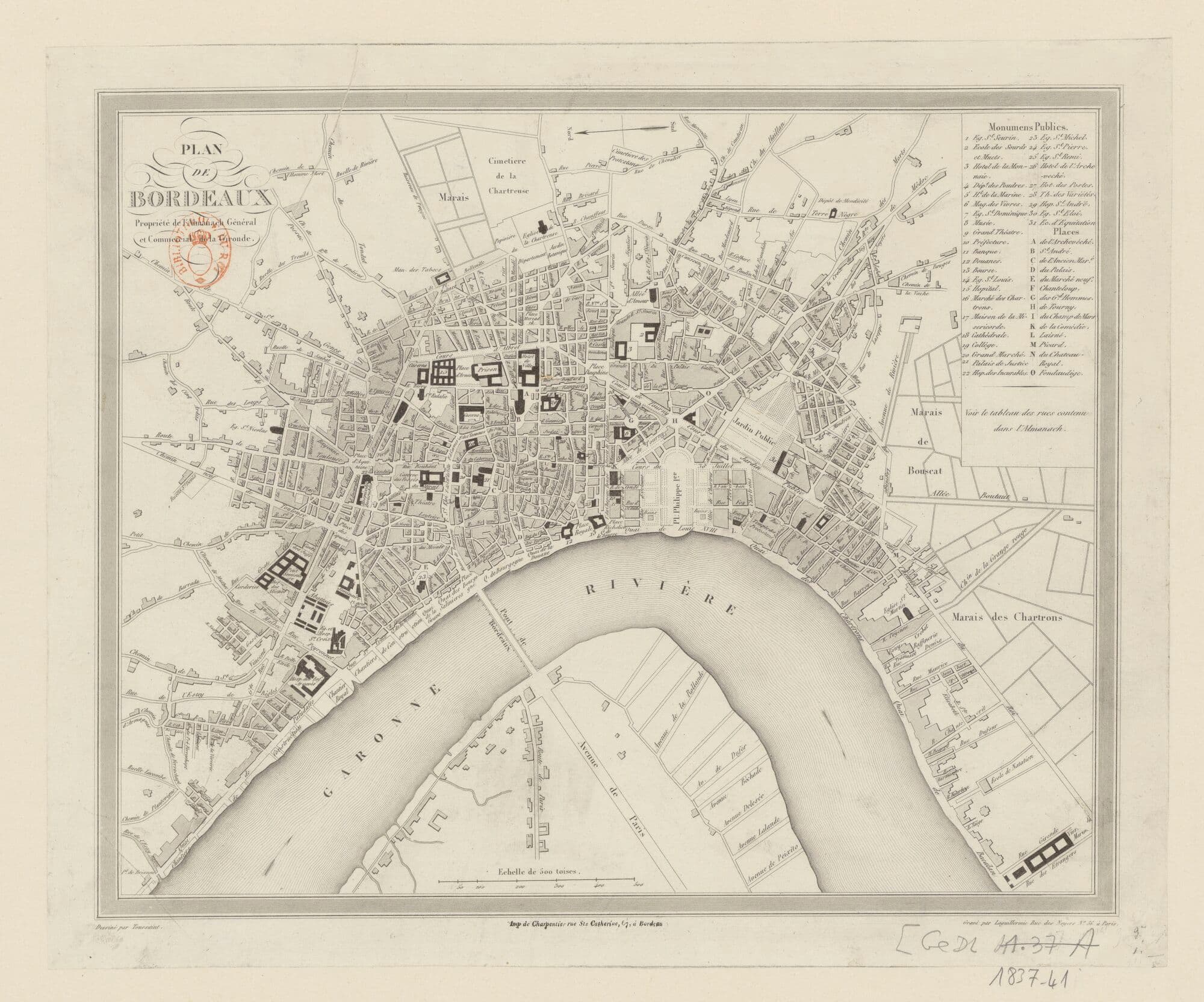 Pianta della città di Bordeaux disegnata nel 1837, quindici anni dopo il miracolo