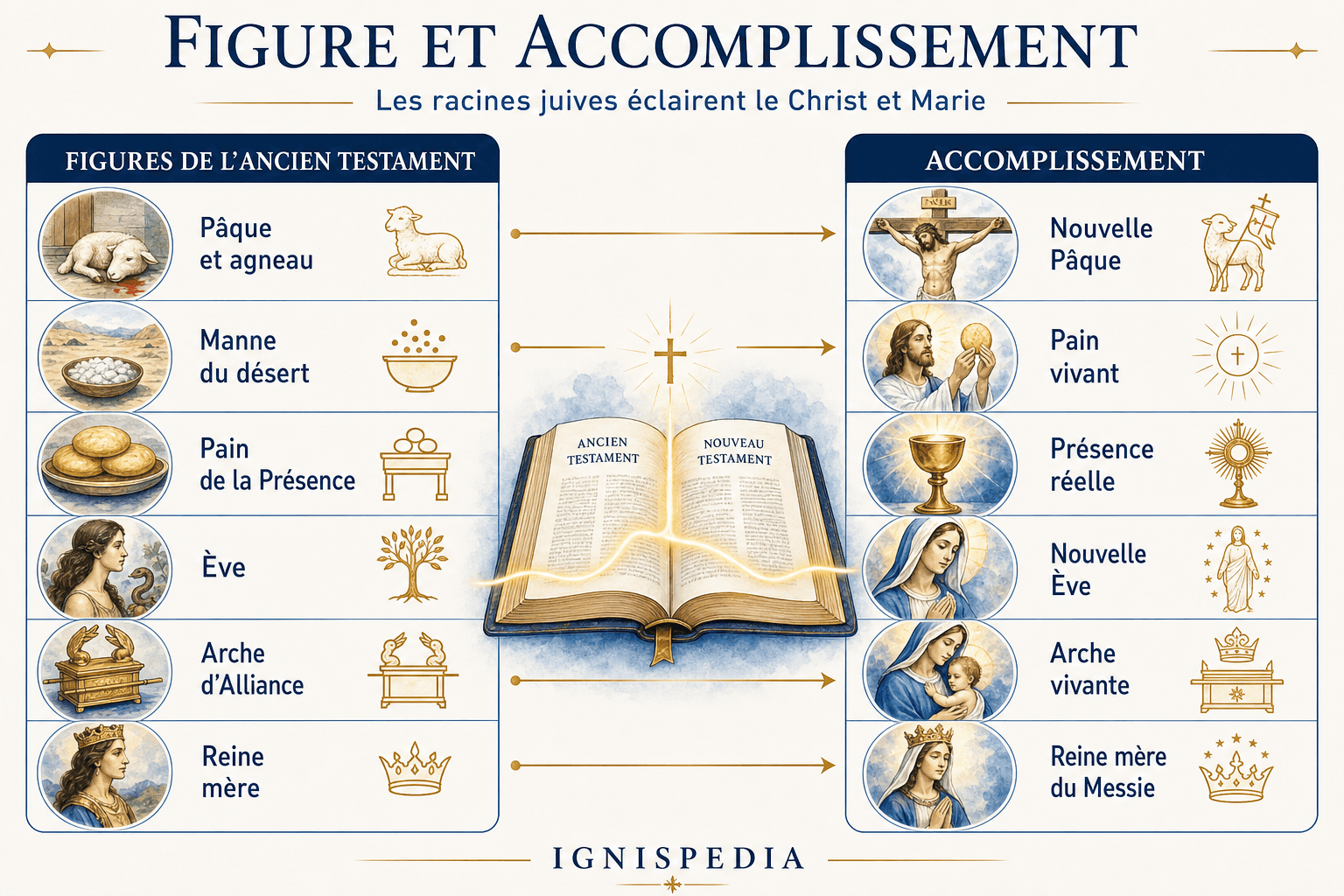 Infografía Figura y cumplimiento que relaciona las figuras del Antiguo Testamento con su cumplimiento en Cristo y María