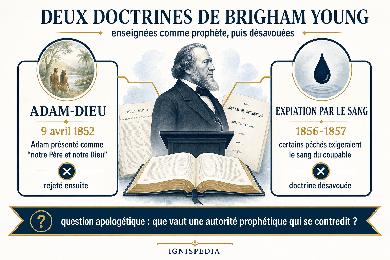 Infographie Ignispedia présentant les deux doctrines controversées de Brigham Young : Adam-Dieu et expiation par le sang