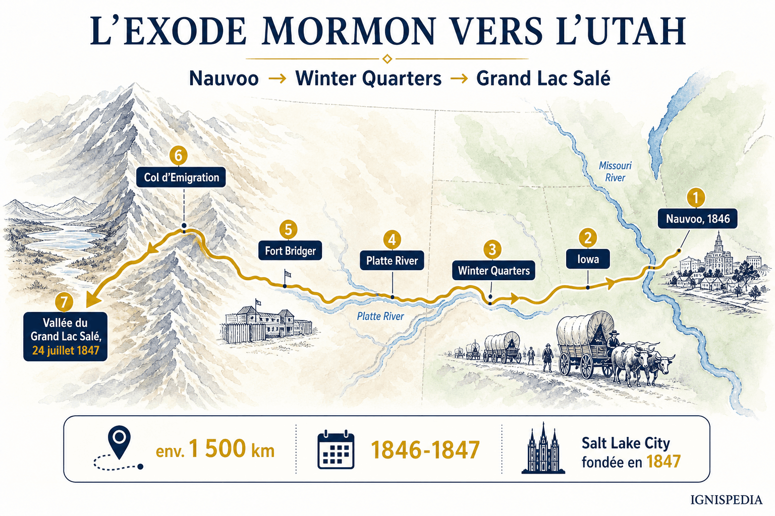 Carte infographique Ignispedia de l'exode mormon de Nauvoo à la vallée du Grand Lac Salé en 1846-1847