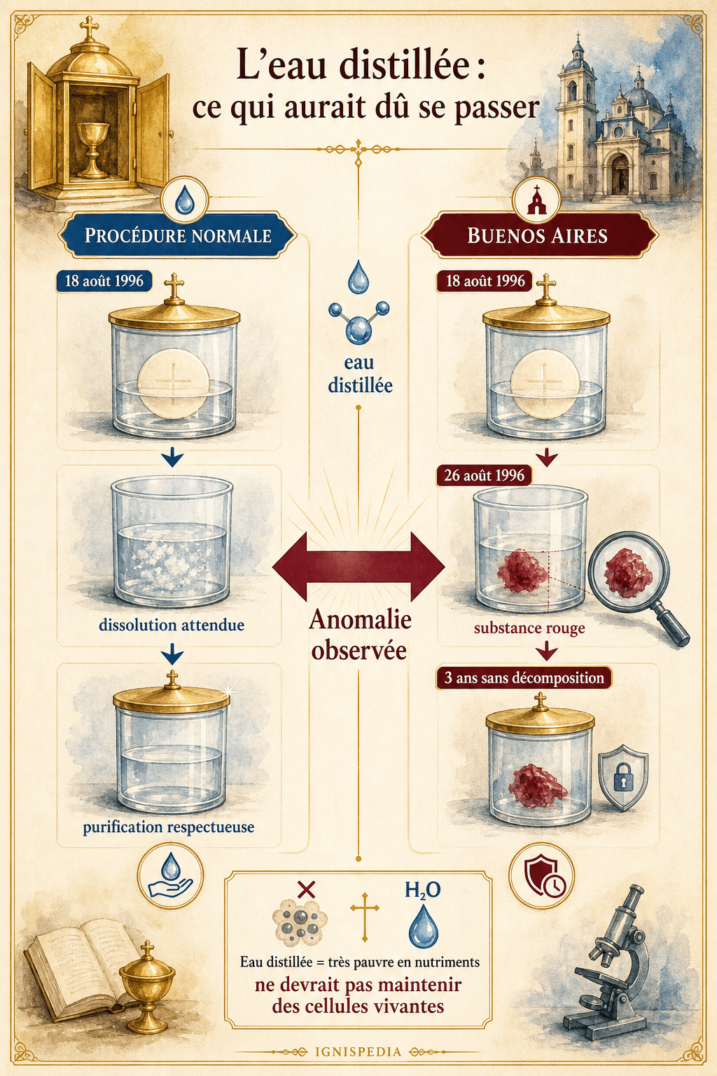 Infographie expliquant l'anomalie de l'eau distillée dans le miracle eucharistique de Buenos Aires