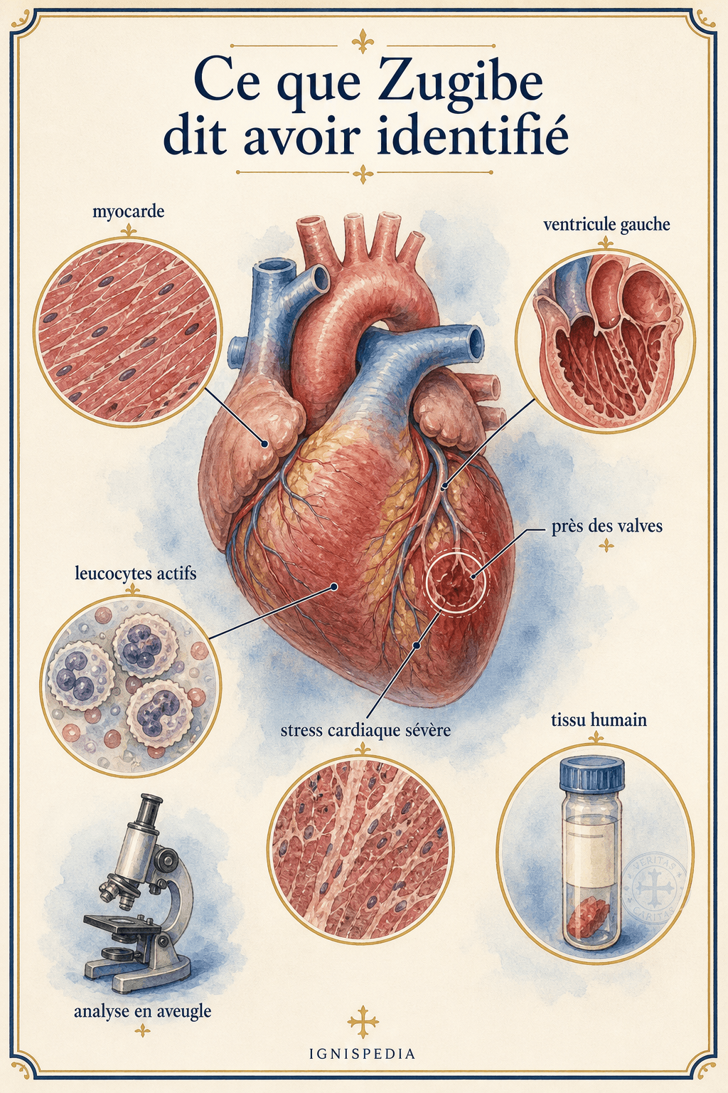 Infographie médicale sur le myocarde, le ventricule gauche et les leucocytes actifs identifiés par Zugibe