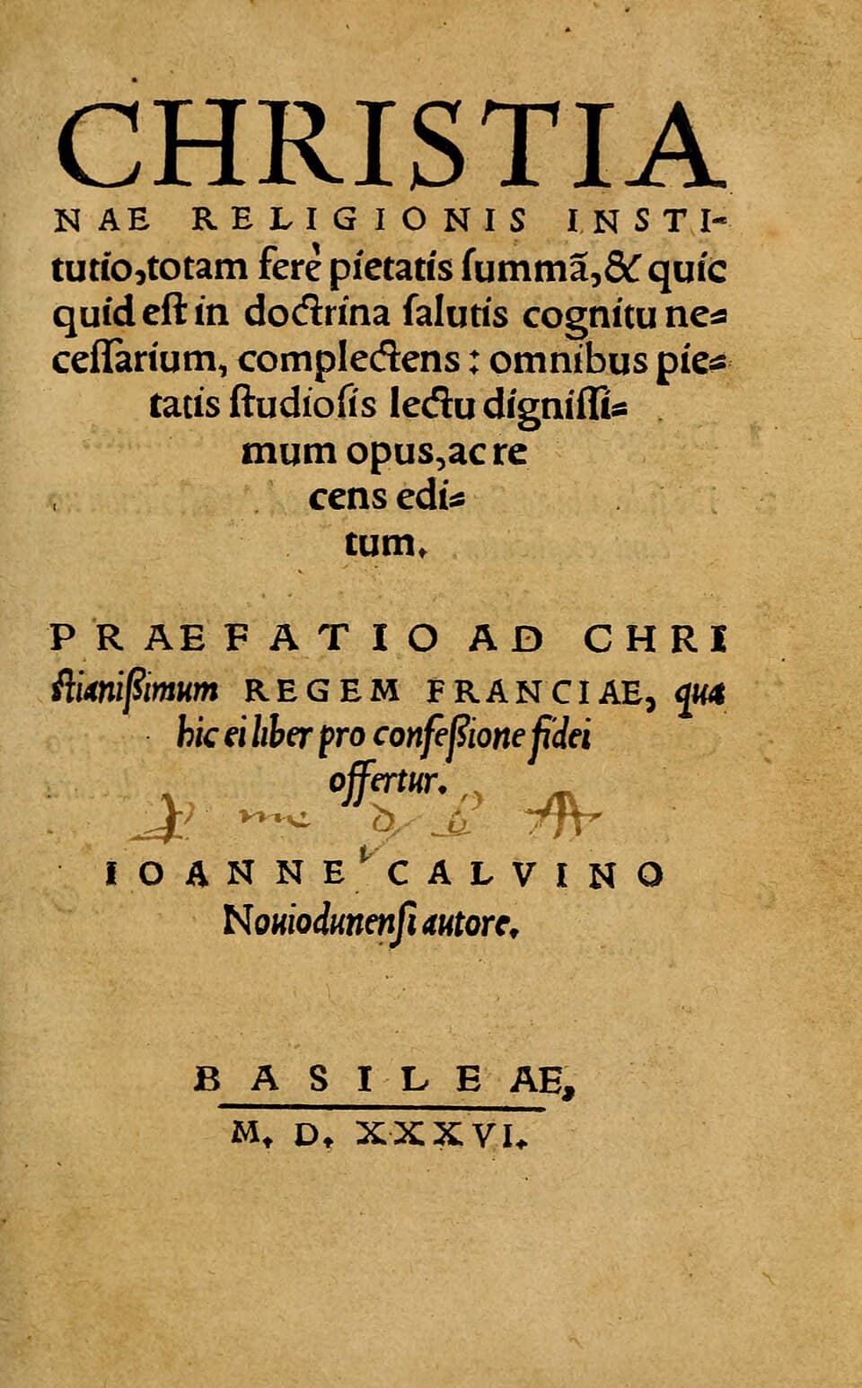 Frontespizio della prima Istituzione di Calvino pubblicata a Basilea nel 1536