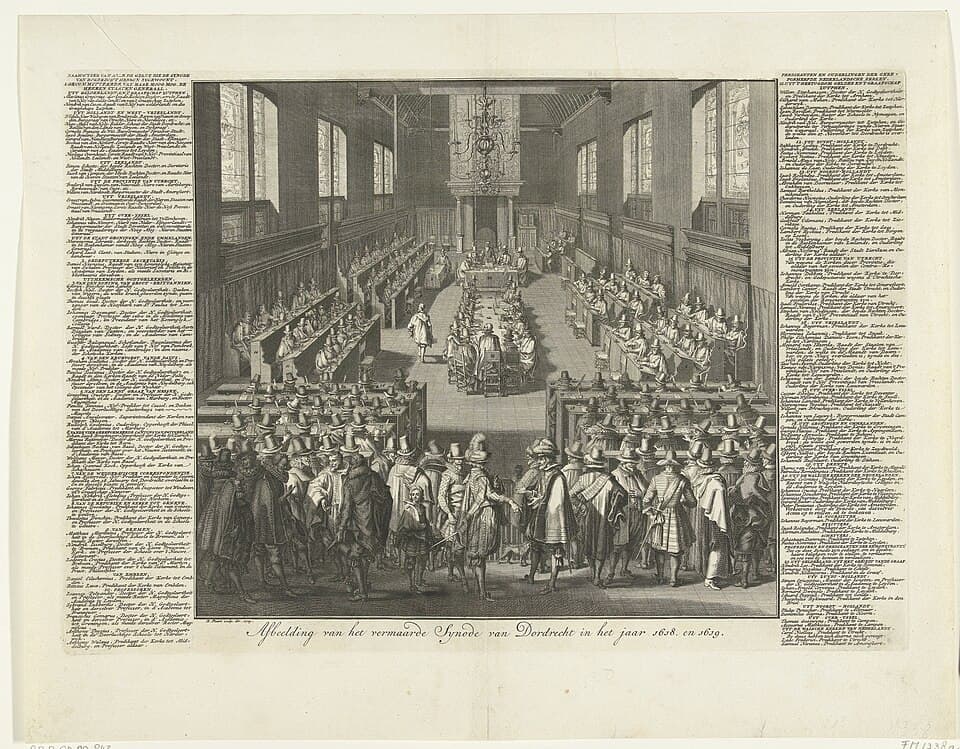Incisione del 1729 raffigurante l’apertura del sinodo di Dordrecht del 1618