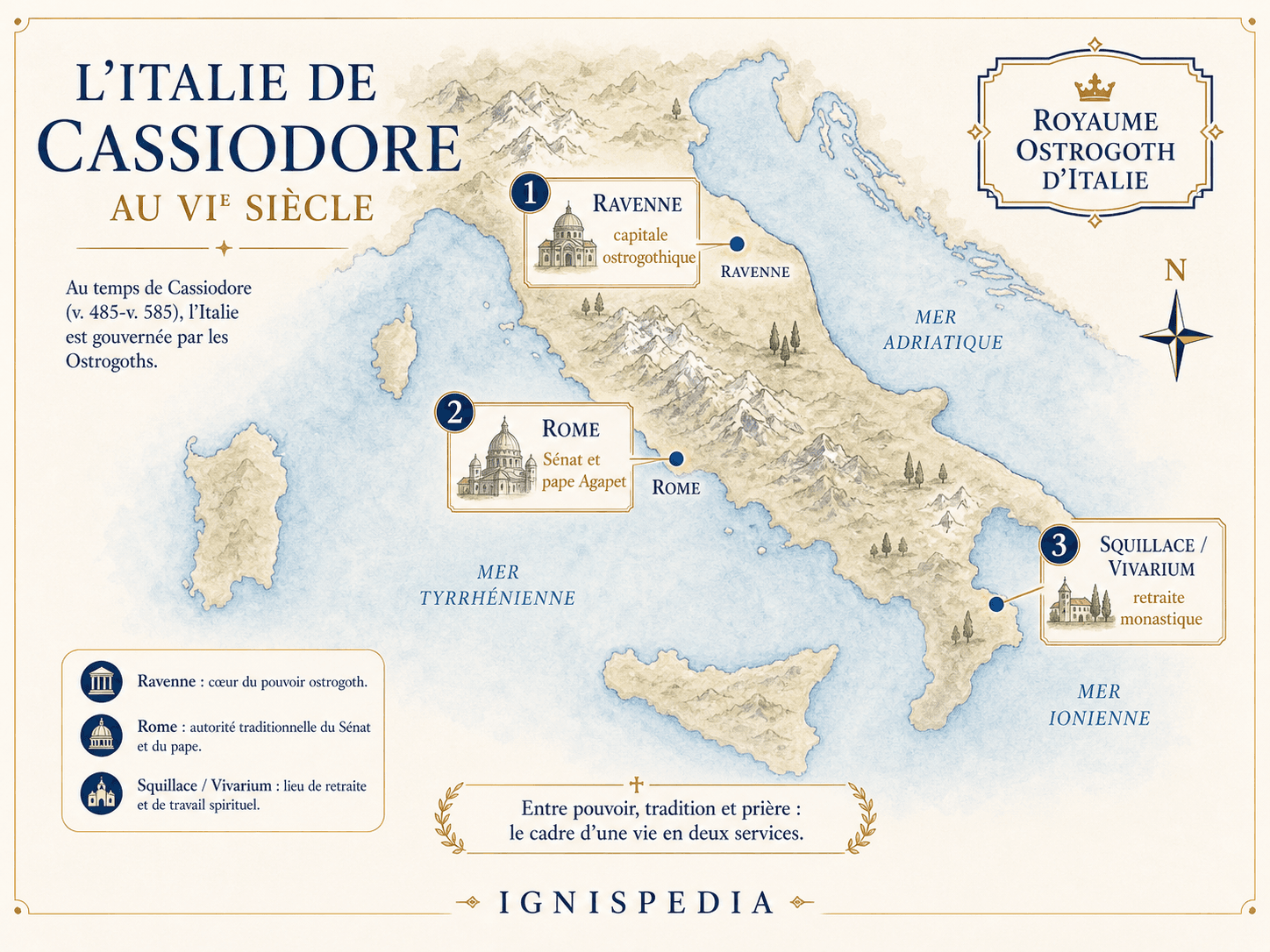 Carte de l'Italie de Cassiodore au VIe siècle, avec Ravenne, Rome et Squillace Vivarium