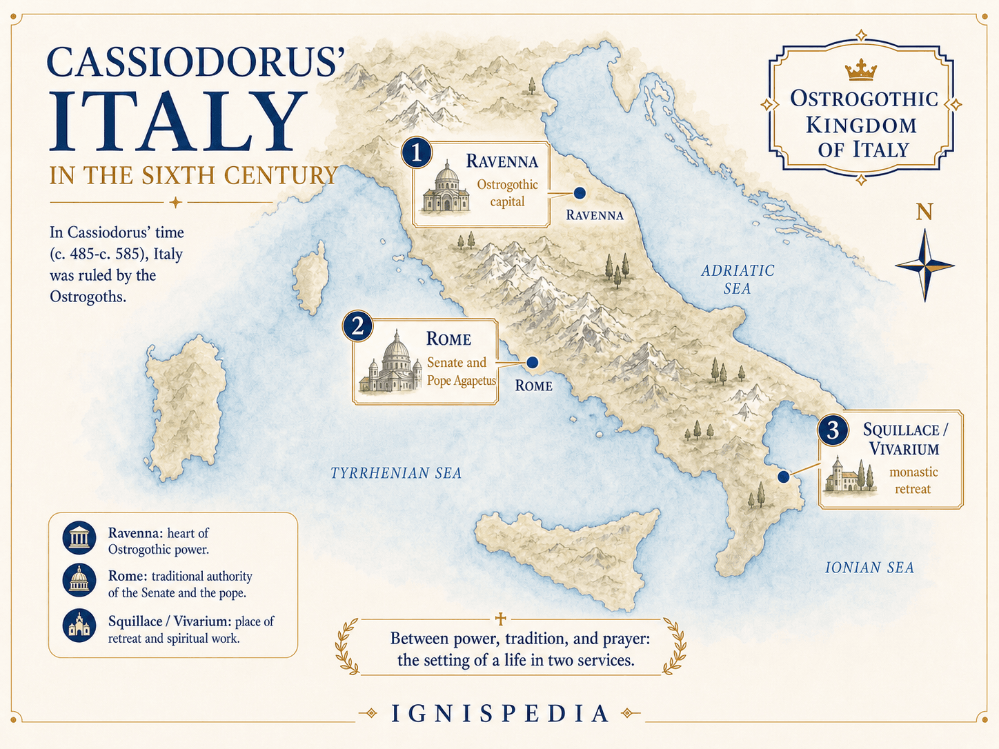 Map of Cassiodorus' Italy in the sixth century, showing Ravenna, Rome, and Squillace Vivarium