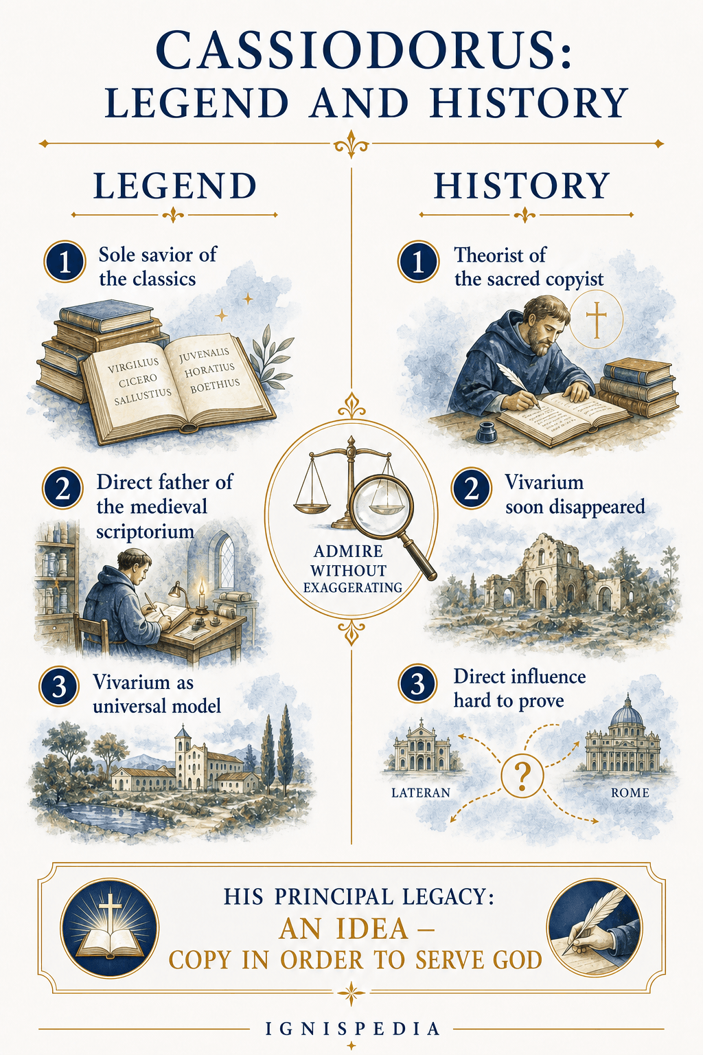 Infographic comparing the legend of Cassiodorus as sole savior of the classics with the historical measure of his influence