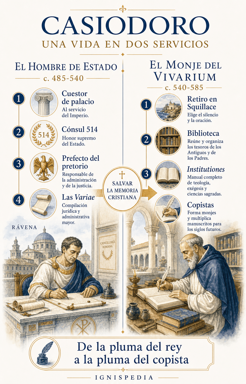 Infografía que muestra los dos servicios de Casiodoro: hombre de Estado y luego monje del Vivarium