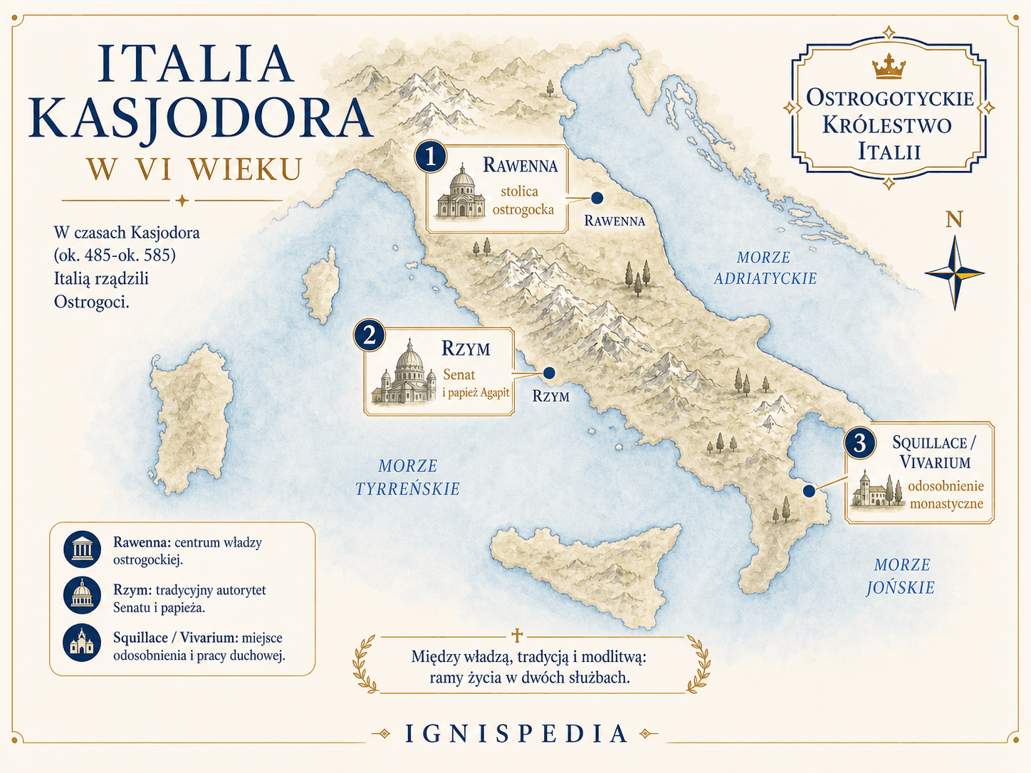 Mapa Italii Kasjodora w VI wieku, z Rawenną, Rzymem i Squillace Vivarium