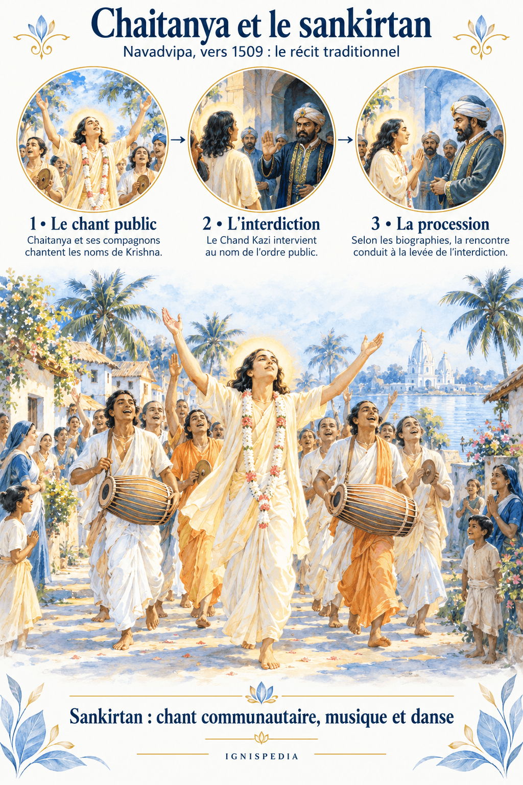 Le tre tappe del racconto tradizionale del sankirtan e dell'incontro con il Chand Kazi