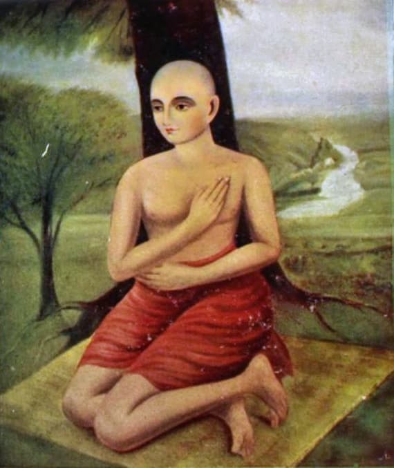 Ritratto tradizionale di Chaitanya seduto sotto un albero, attribuito a Srisha Chandra Palit