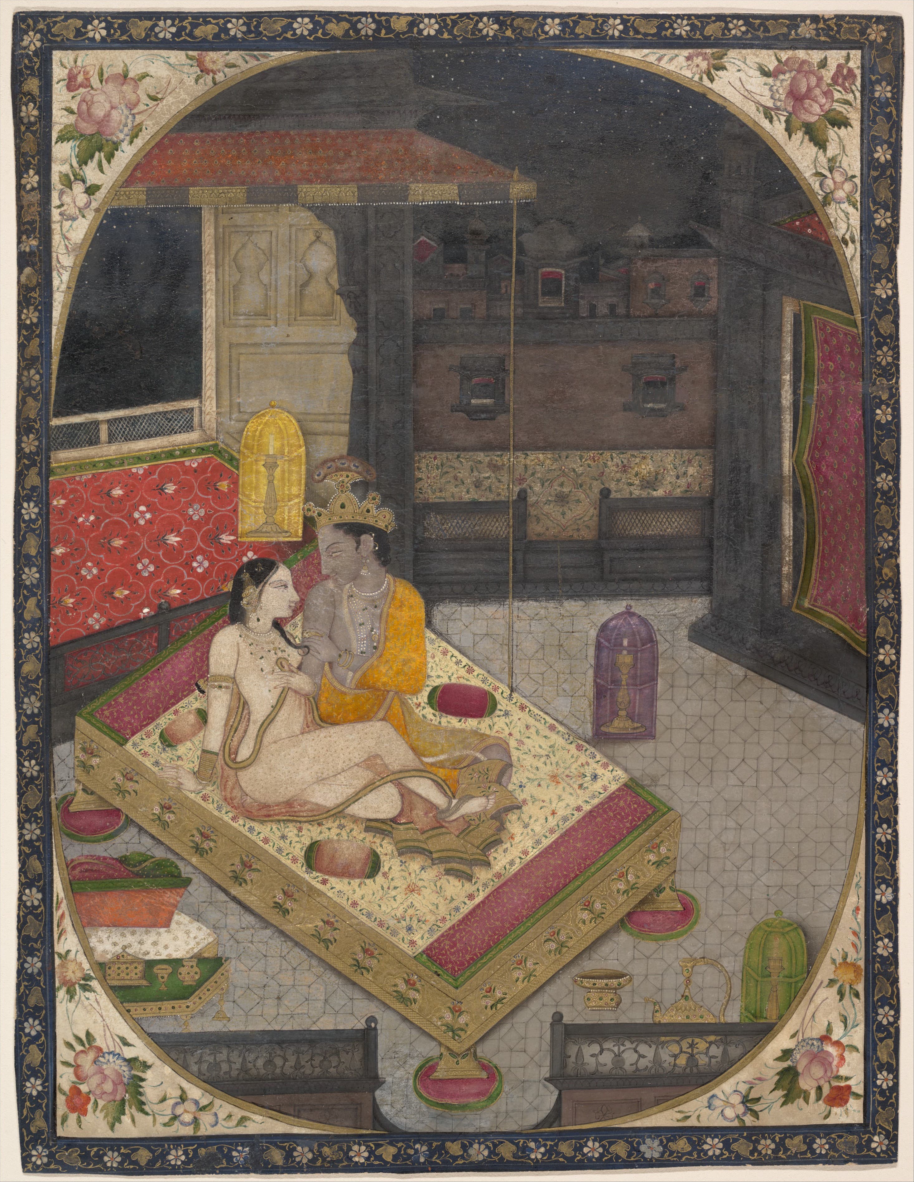 Radha e Krishna su un letto di notte, pittura indiana di Sirmur del 1830 circa