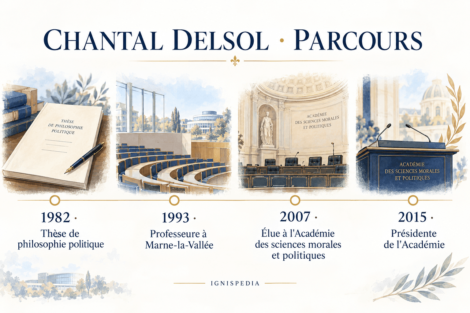 Quatre jalons du parcours universitaire de Chantal Delsol : thèse en 1982, professorat en 1993, élection à l'Académie en 2007, présidence en 2015