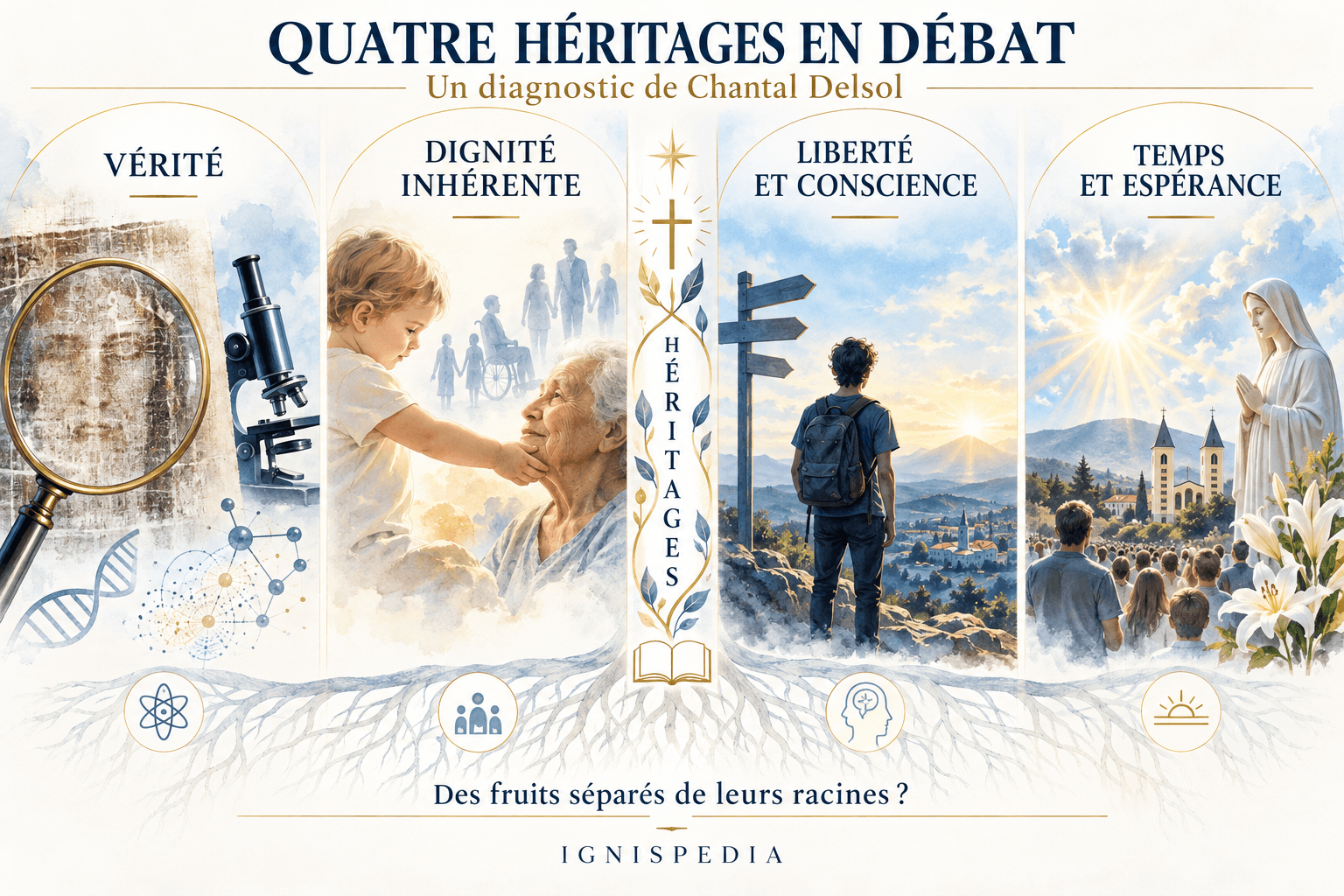 Quatre héritages chrétiens discutés par Chantal Delsol : vérité, dignité inhérente, liberté et conscience, temps et espérance