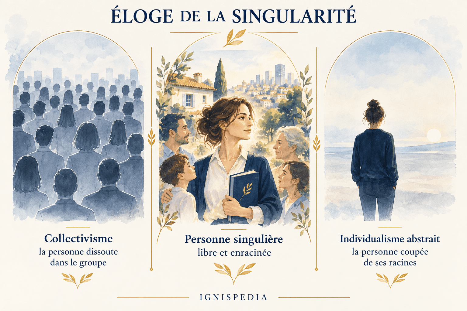 Comparaison entre collectivisme, personne singulière libre et enracinée, et individualisme abstrait