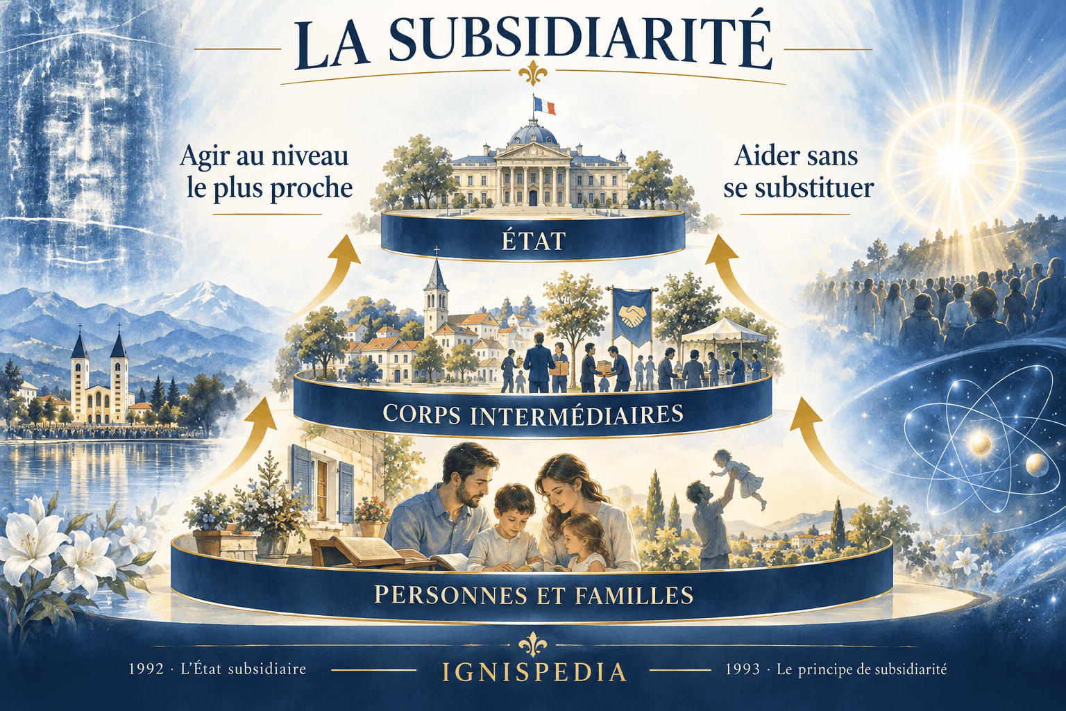 Principe de subsidiarité en trois niveaux : personnes et familles, corps intermédiaires, État qui aide sans se substituer