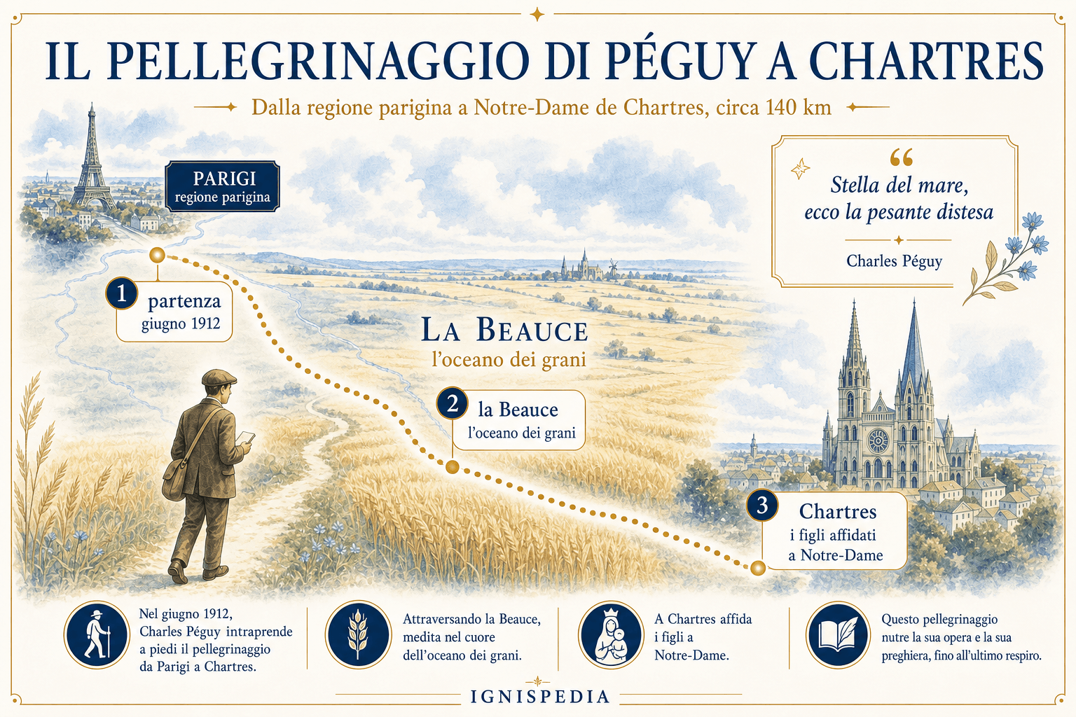 Mappa infografica del pellegrinaggio di Charles Péguy dalla regione parigina a Nostra Signora di Chartres
