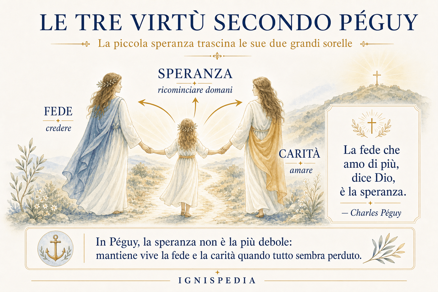 Infografica delle tre virtù teologali secondo Charles Péguy: la piccola speranza traina la fede e la carità