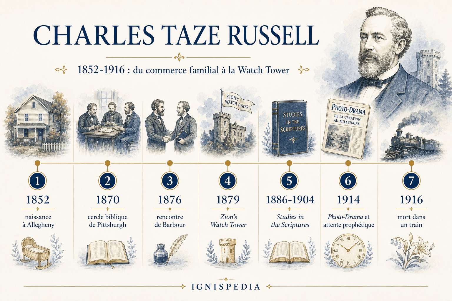 Frise biographique de Charles Taze Russell, de sa naissance à Allegheny à sa mort en 1916