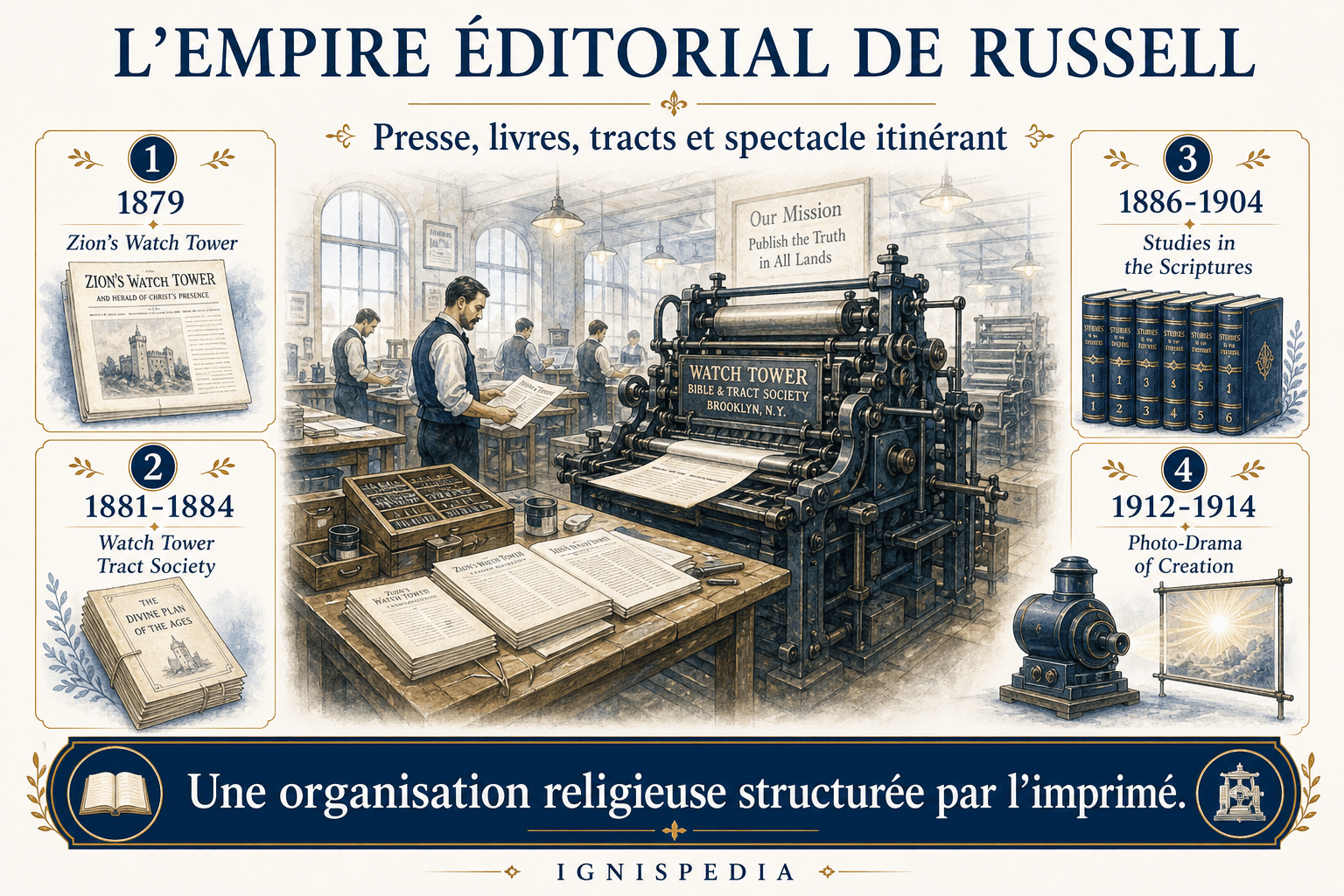 Schéma de l'empire éditorial de Charles Taze Russell : Watch Tower, tracts, Studies in the Scriptures et Photo-Drama