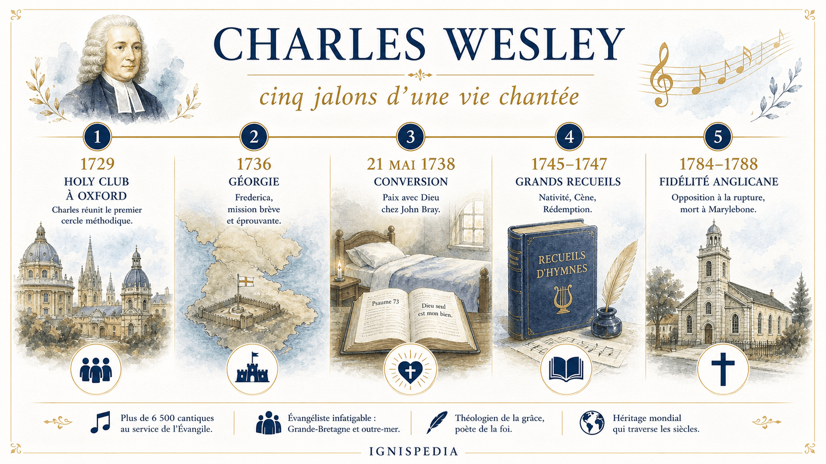 Infografika chronologiczna przedstawiająca pięć kamieni milowych życia Charlesa Wesleya